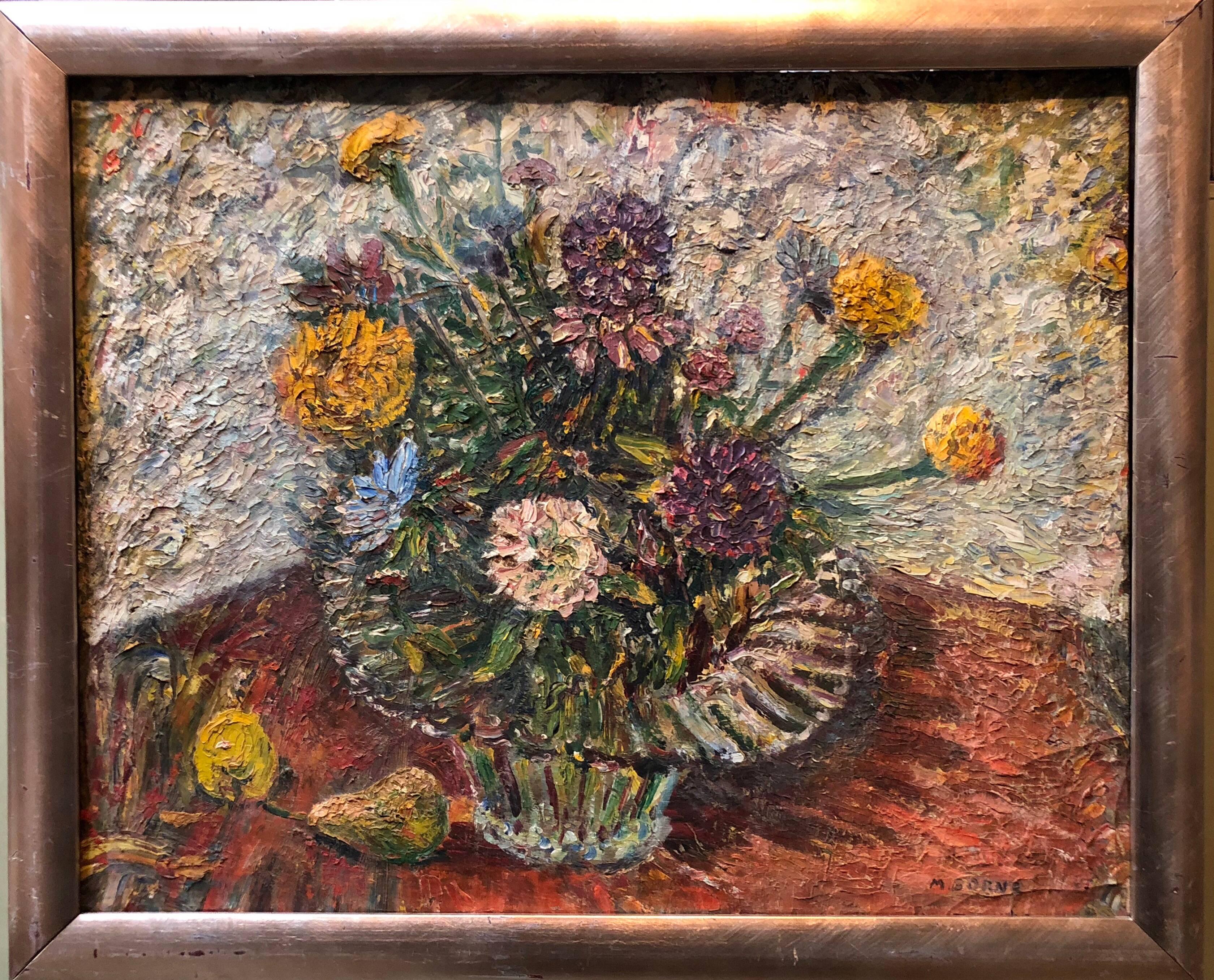 Floral painting. Flowers in a vase. Mortimer Borne, Printmaker, painter, sculptor, and educator was born in Rypin, Poland in 1902 and emigrated to the US in 1916. He studied at the National Academy of Design, The Art Students League, The Beaux-Arts