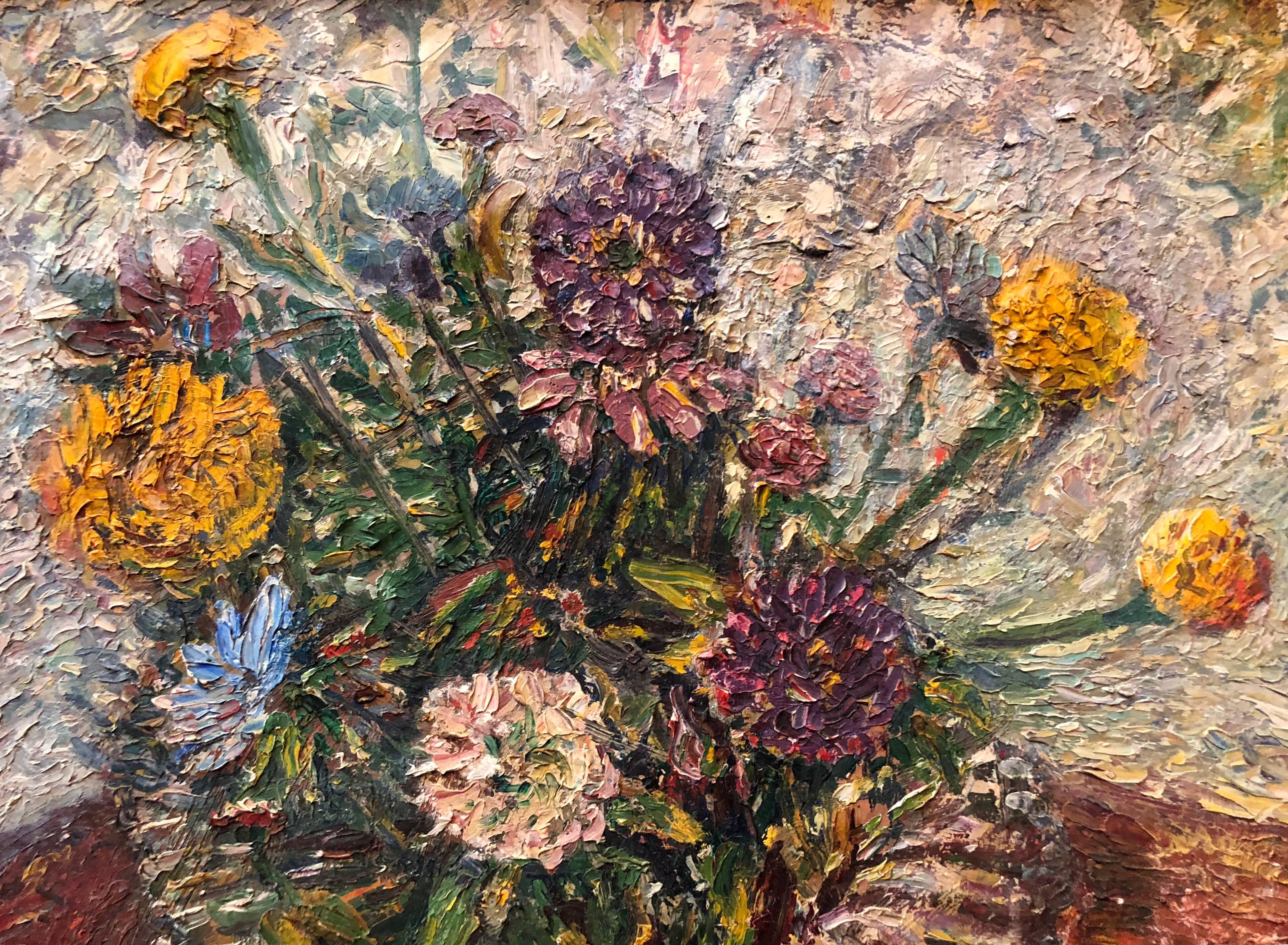 BOUQUET Modernistische Blumen in einer Vase, Impasto, Ölgemälde (Moderne), Painting, von Mortimer Borne