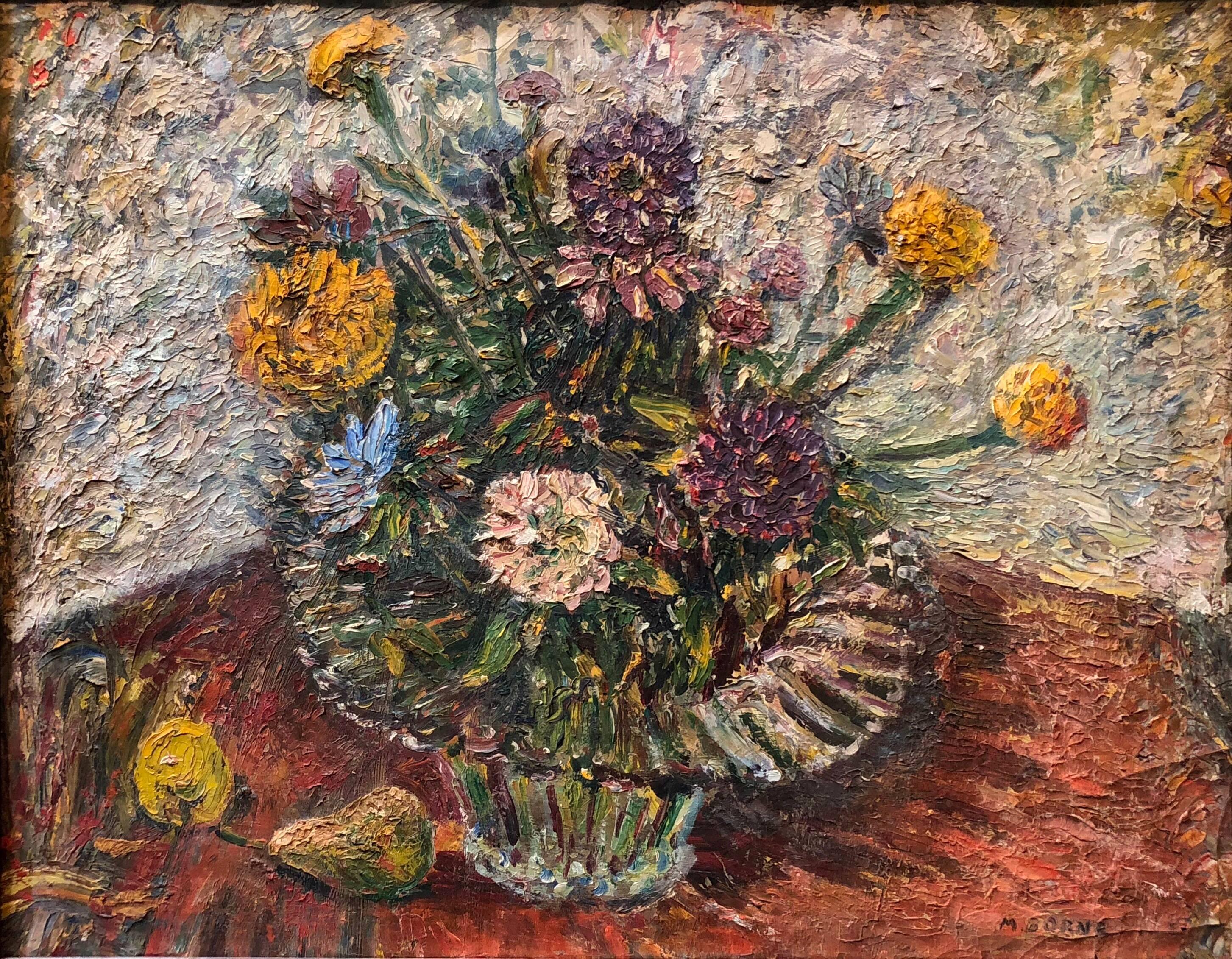 Mortimer Borne Interior Painting – BOUQUET Modernistische Blumen in einer Vase, Impasto, Ölgemälde