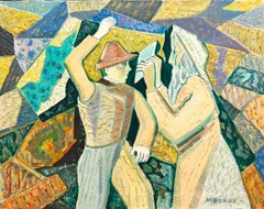 Judaica Modernist Oil Painting 'Know Thyself' Israeli Kibbutz Pioneer, Prophet