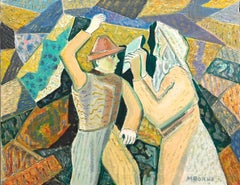 Judaica Peinture à l'huile moderniste "Connais-toi toi-même" Pionnier d'un kibboutz israélien, prophète