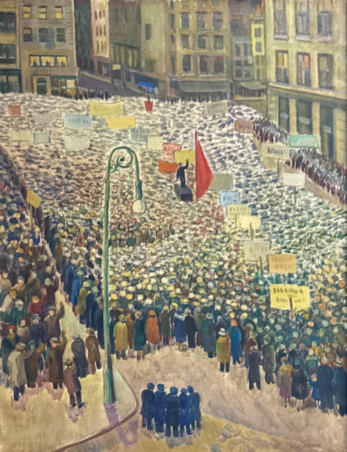 Landscape Painting Mortimer Borne - "May Day" Social Realism WPA American Modern NYC Scene Mid 20th Century