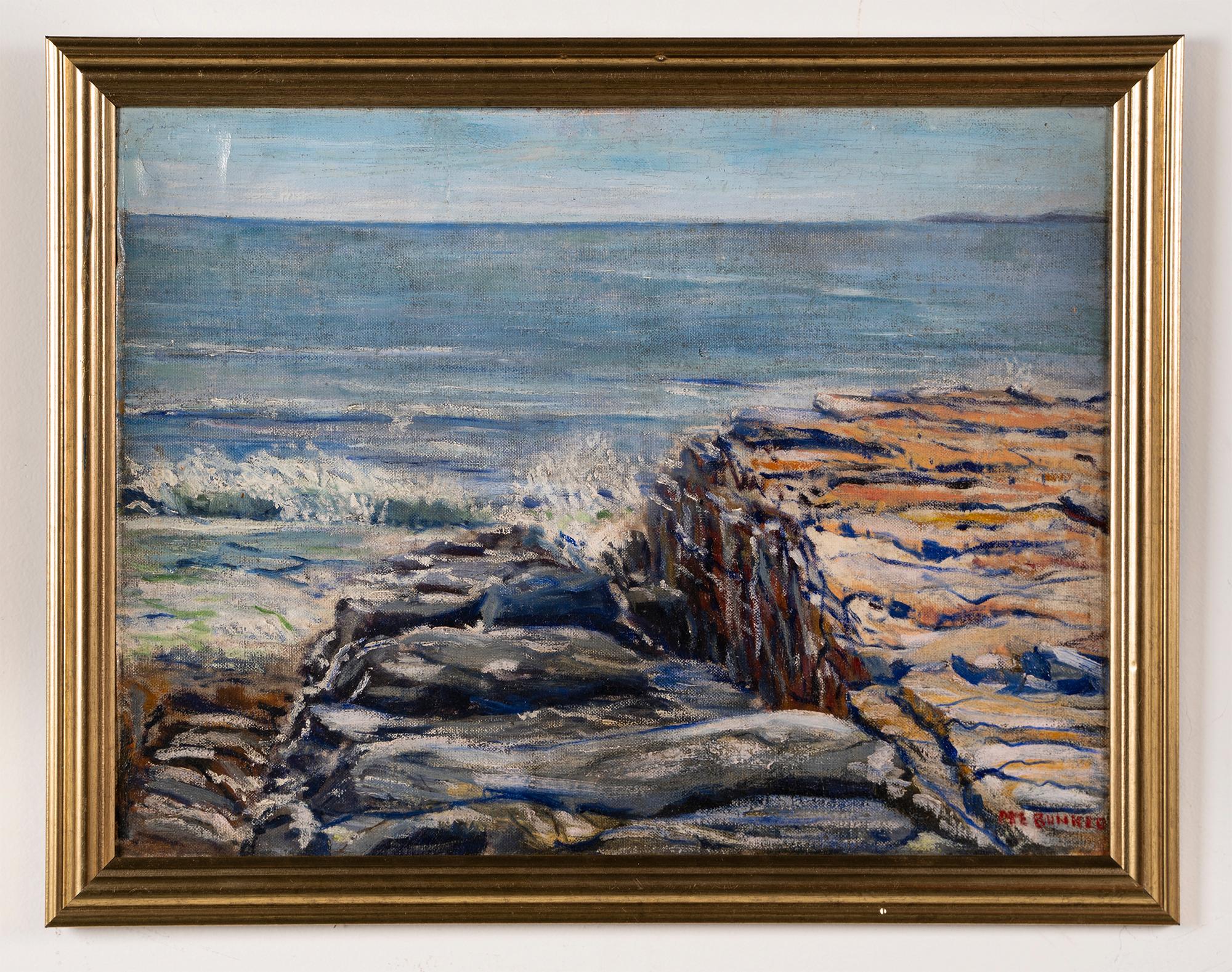 Vintage American Modernist Coastal Beach Seascape Framed Original Oil Painting - Gray Landscape Painting by Morton Bunker