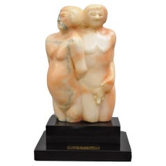 Morton Gaffin "Adam & Eve" Modernist Carved Peach Alabaster Nude Sculpture