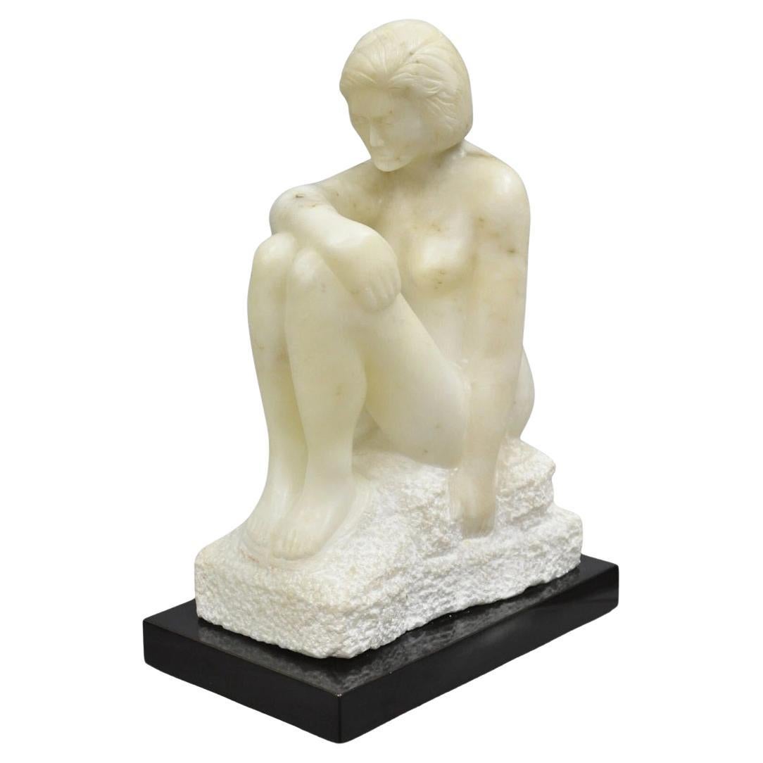 Morton Gaffin "Seated Woman" Modernist Carved White Alabaster Nude Sculpture