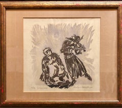 Original Judaica Woodcut Print  'Joyous Songs' Dancing Jewish Couple