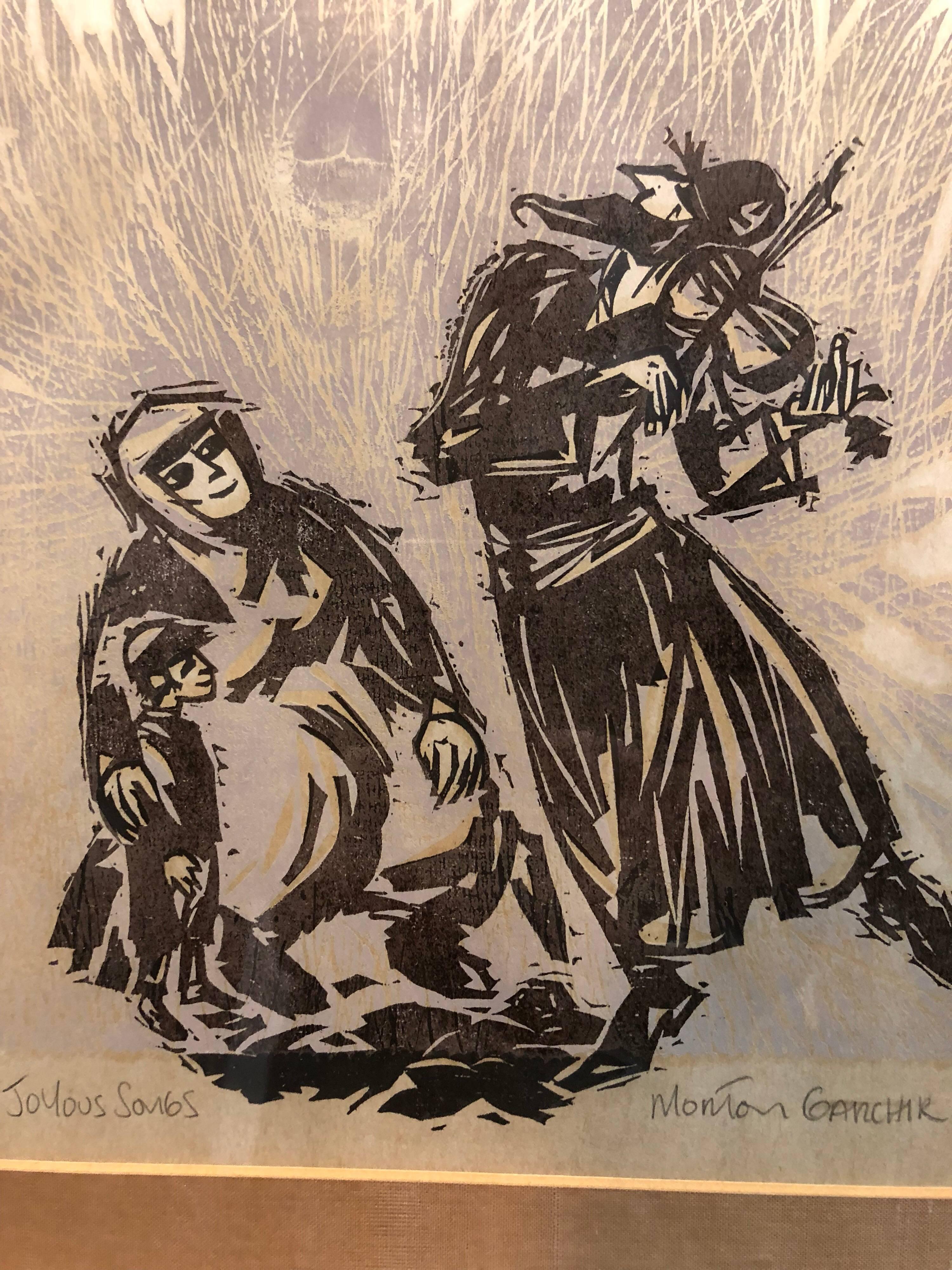 Original Judaica Woodcut Print  'Joyous Songs' Dancing Jewish Couple For Sale 1