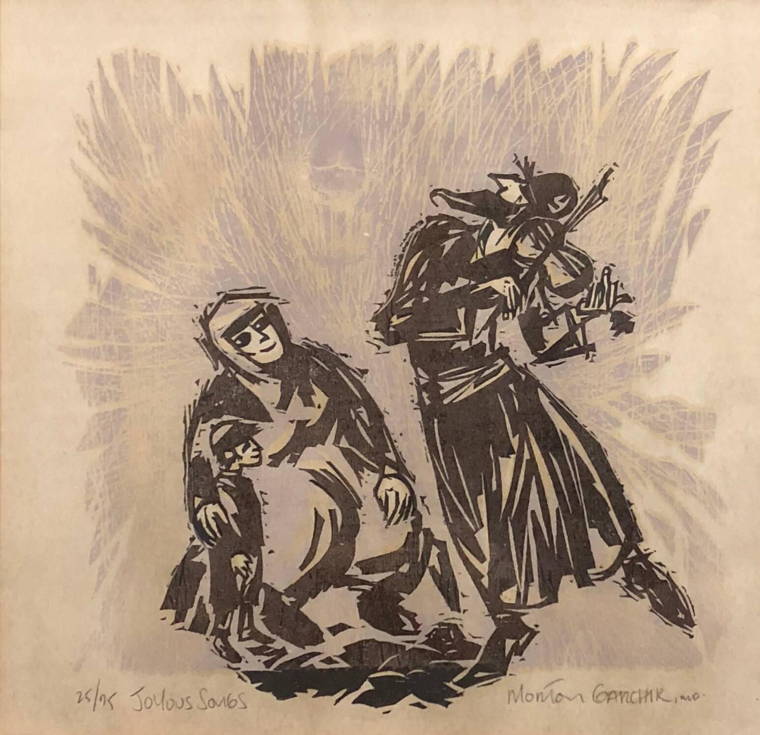 Morton Garchik Figurative Print - Original Judaica Woodcut Print  'Joyous Songs' Dancing Jewish Couple