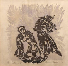 Original Judaica Woodcut Print  'Joyous Songs' Dancing Jewish Couple