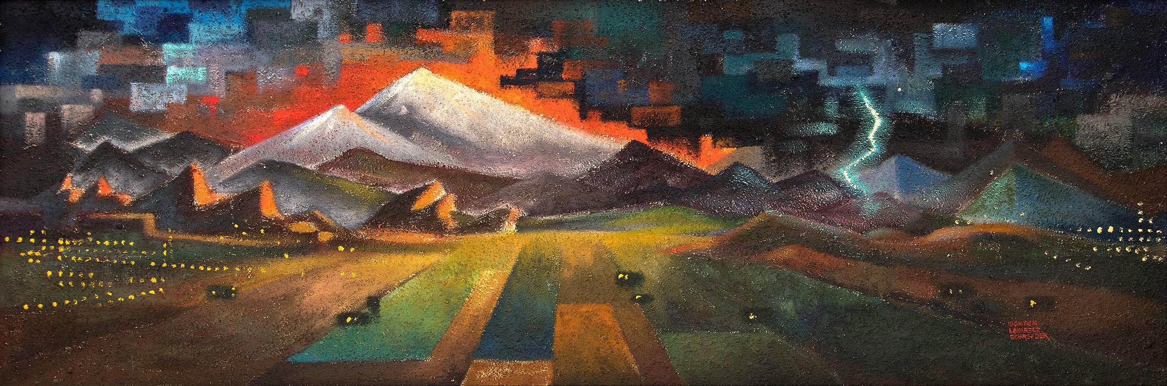 Southwestern Landscape Painting,  Lightning Storm over Mountains, Semi Abstract (Schwarz), Abstract Painting, von Morton Lawrence Schneider