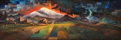Southwestern Landscape Painting,  Lightning Storm over Mountains, Semi Abstract