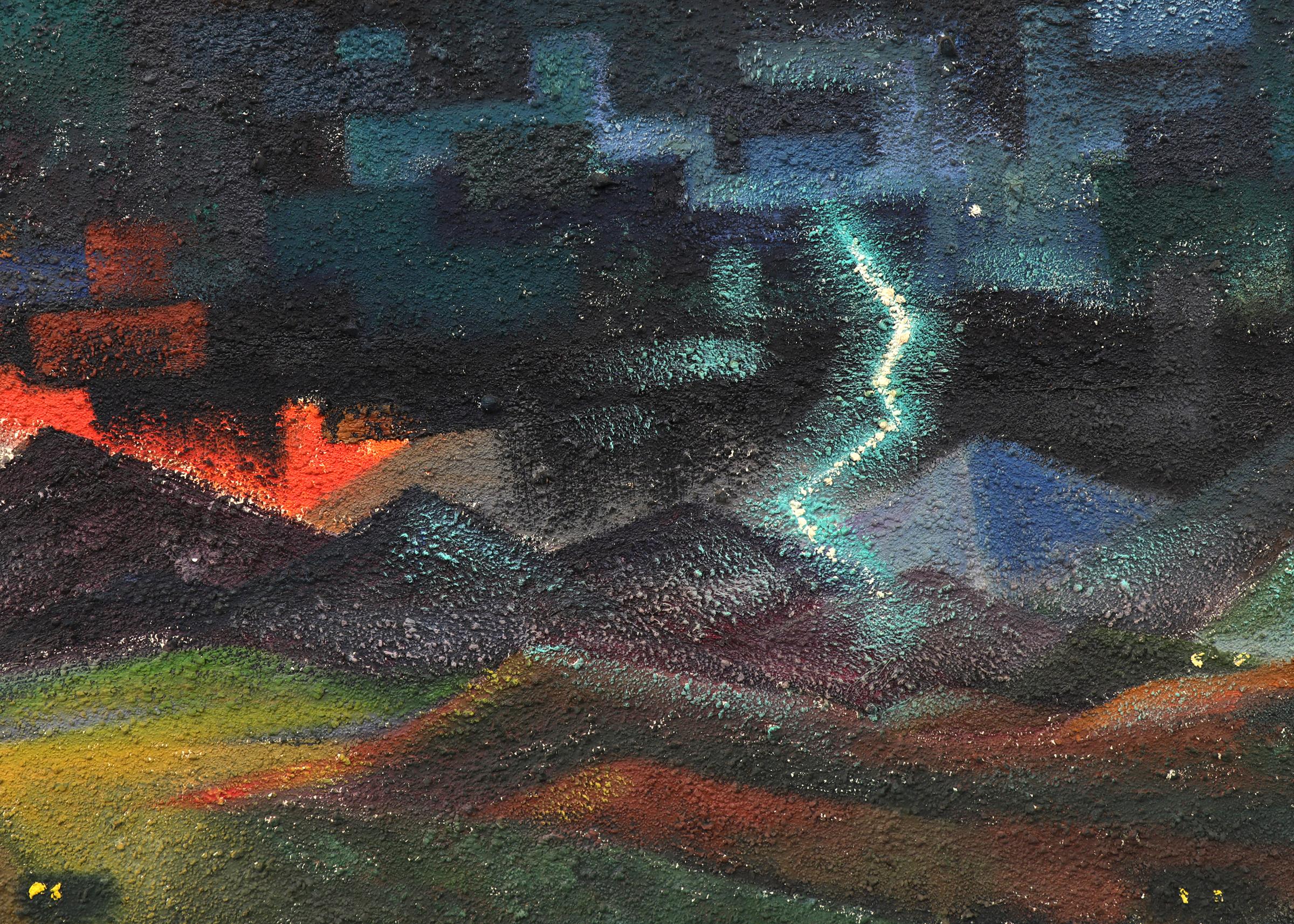 Original vintage painting of a Lightning Storm, Southwestern Mountain Landcape. Oil painting on textured board by Morton Lawrence Schneider (1919-2000). This large scale semi abstract artwork in horizontal format depicts an abstract southwestern
