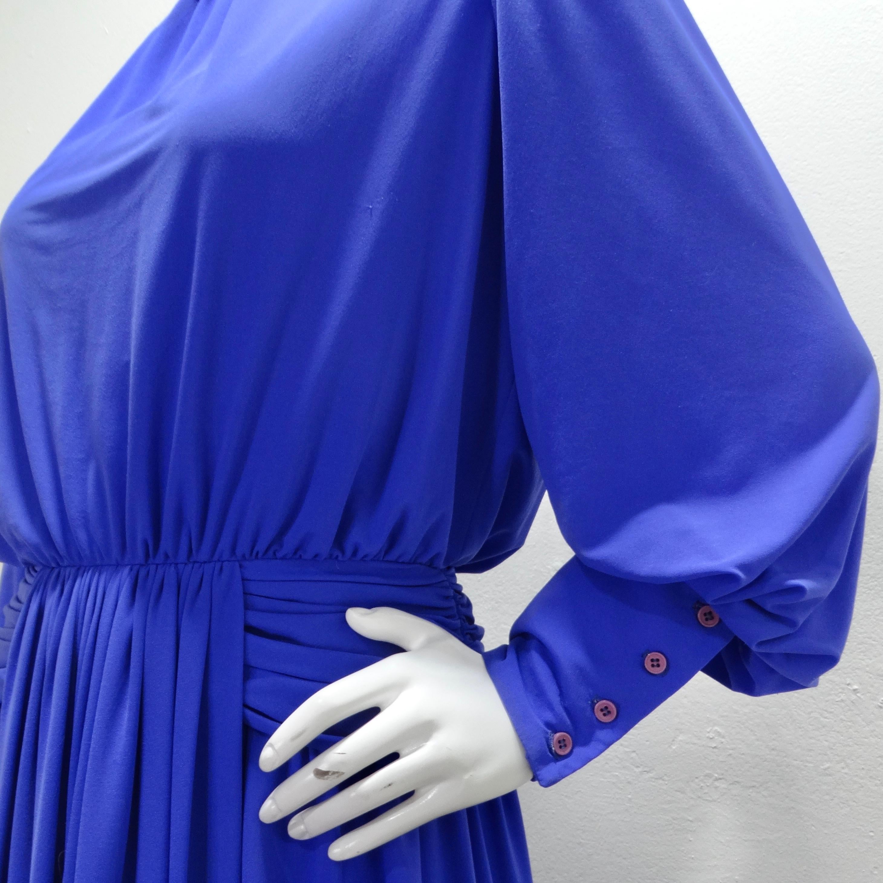 Morton Myles 1980s Grecian Blue Long Sleeve Draped Gown In Excellent Condition In Scottsdale, AZ