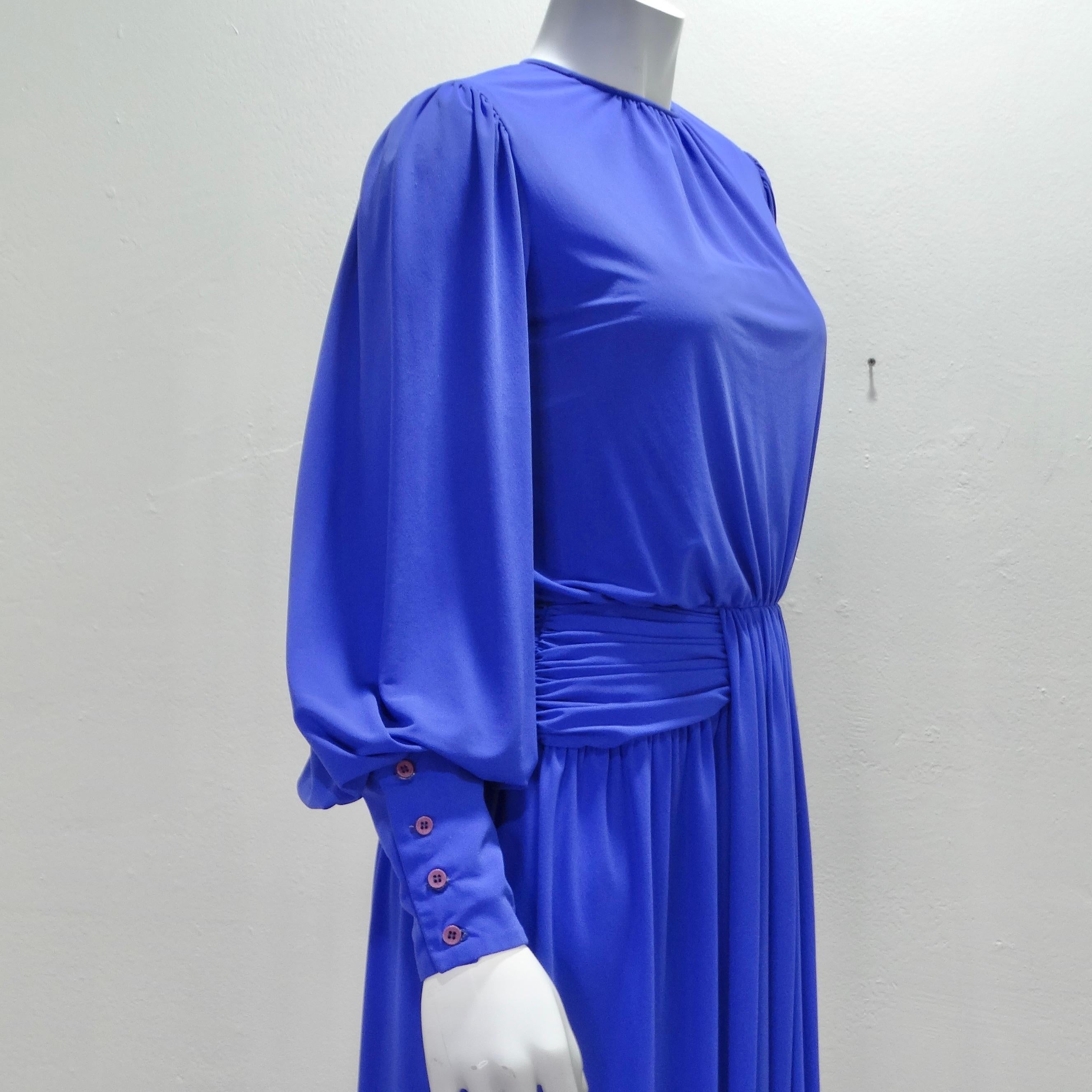 Morton Myles 1980s Grecian Blue Long Sleeve Draped Gown 1