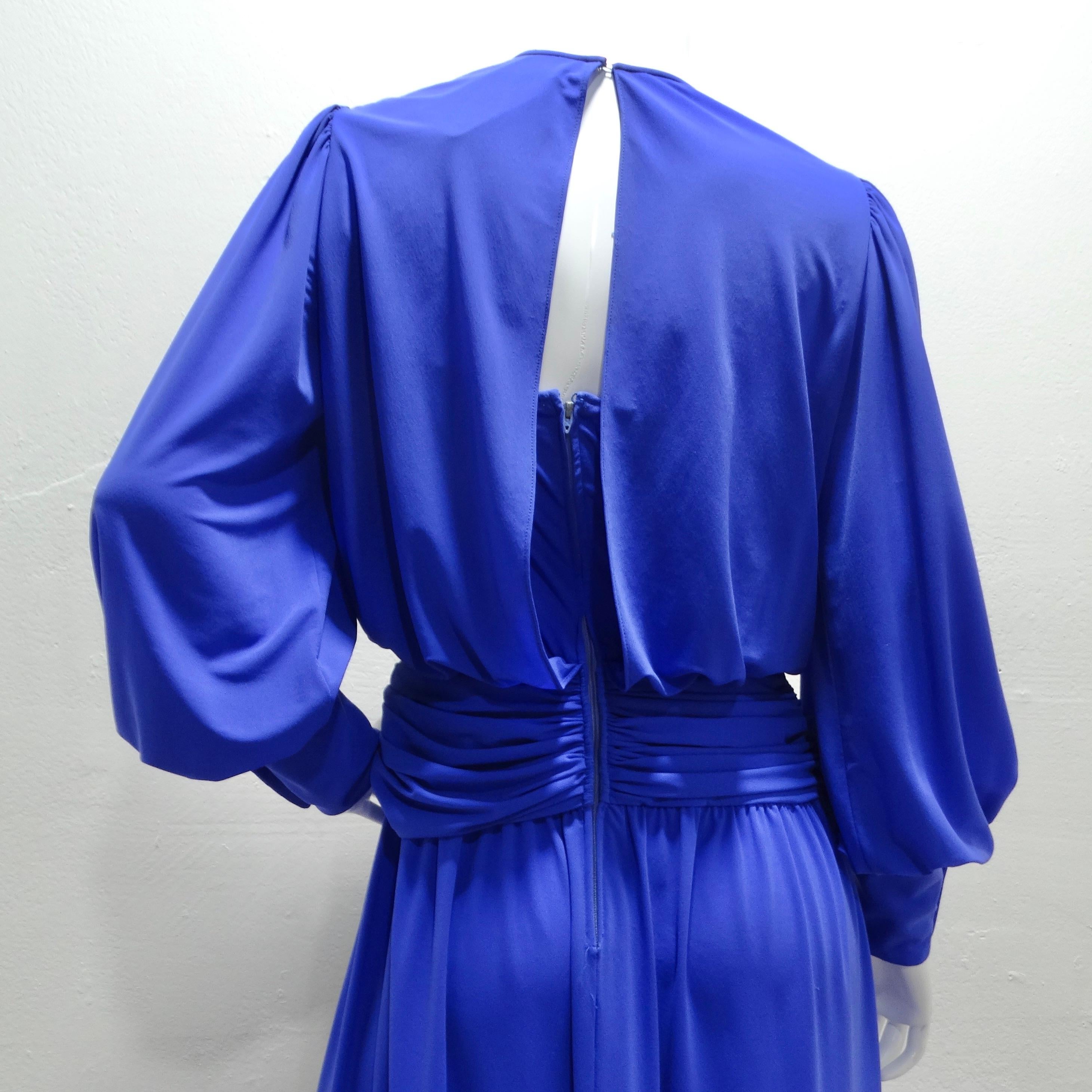 Morton Myles 1980s Grecian Blue Long Sleeve Draped Gown 2