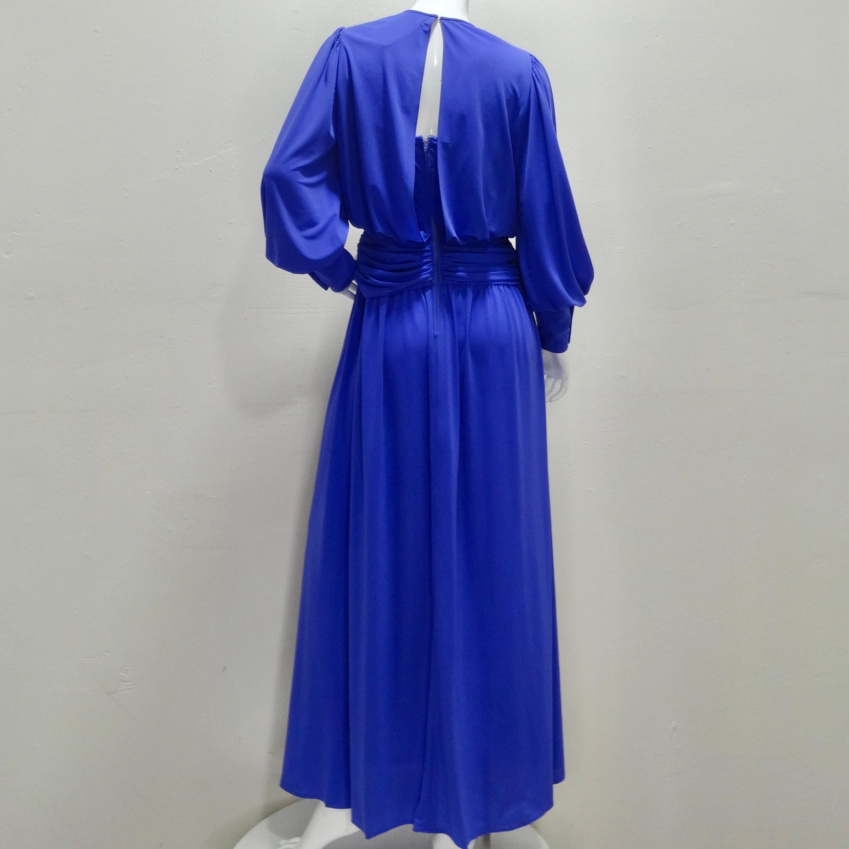 Morton Myles 1980s Grecian Blue Long Sleeve Draped Gown 3