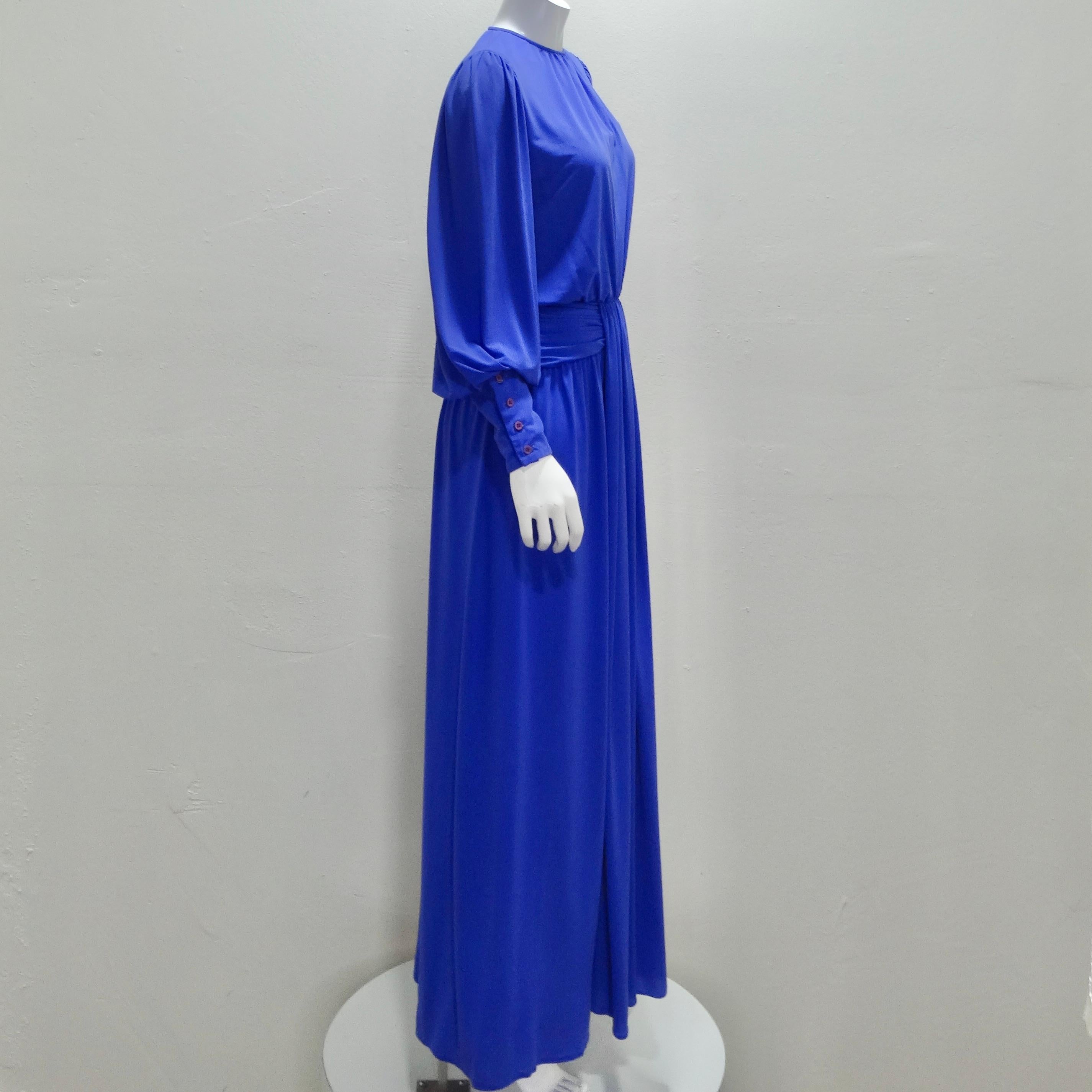 Morton Myles 1980s Grecian Blue Long Sleeve Draped Gown 4