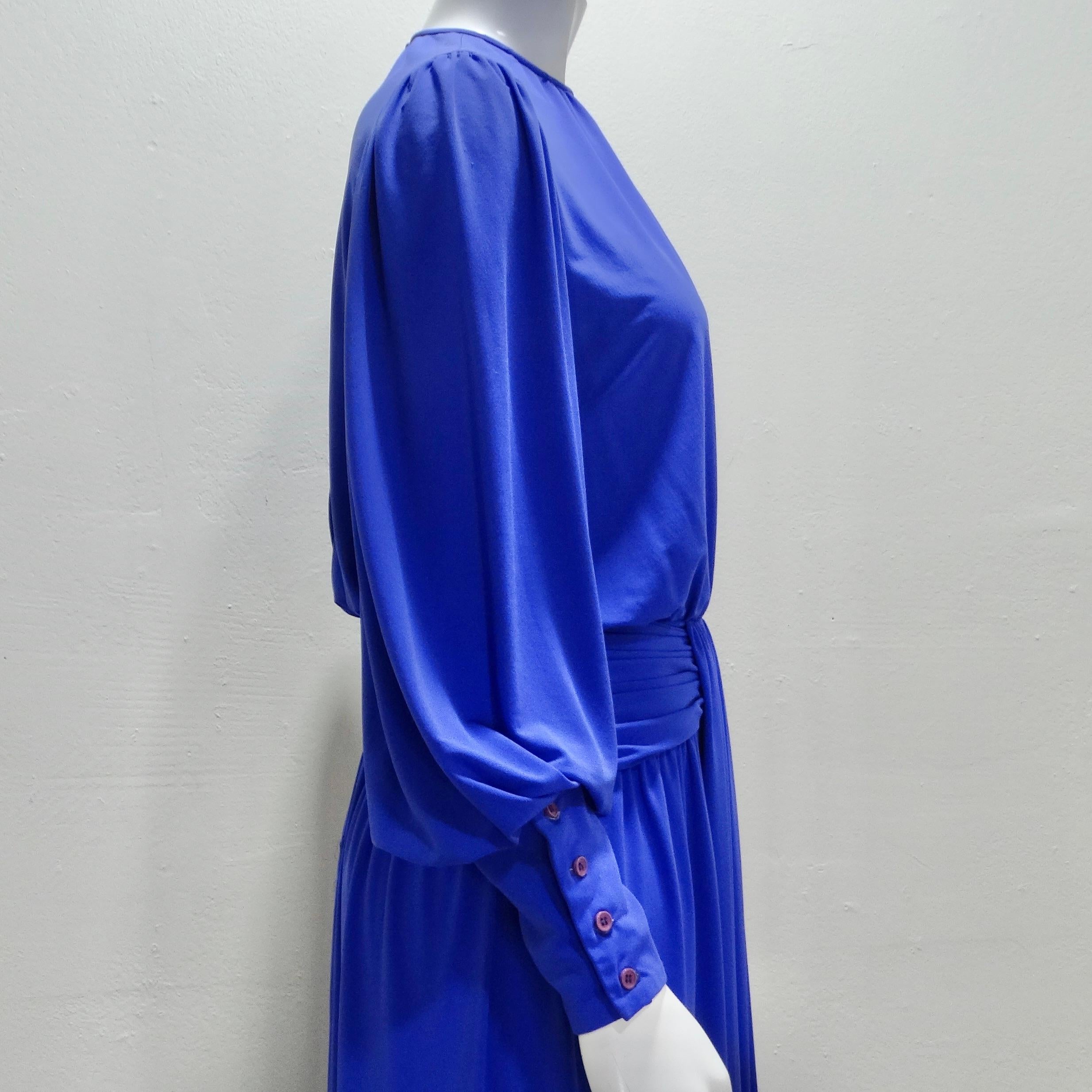 Morton Myles 1980s Grecian Blue Long Sleeve Draped Gown 5