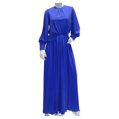 Morton Myles 1980s Grecian Blue Long Sleeve Draped Gown