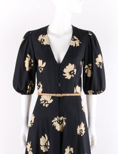 Morton Myles - Robe ceinturée boutonnée à manches bouffantes, à fleurs, bleu marine et beige, circa années 1970