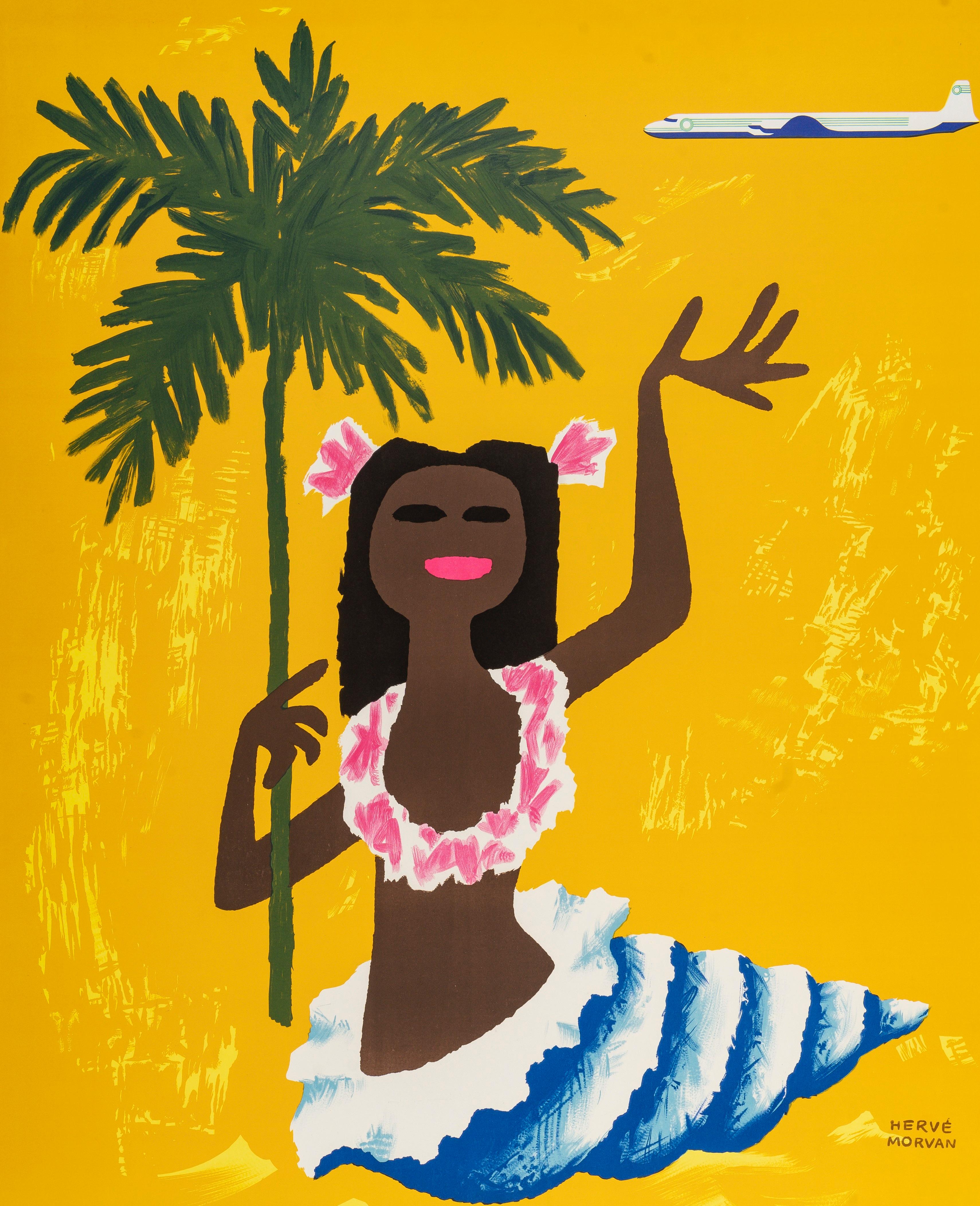 Morvan, Cartel de Viaje Original, TAI Pacífico Sur, Tahití, Árbol Plam, Concha 1955 Moderno de mediados de siglo en venta