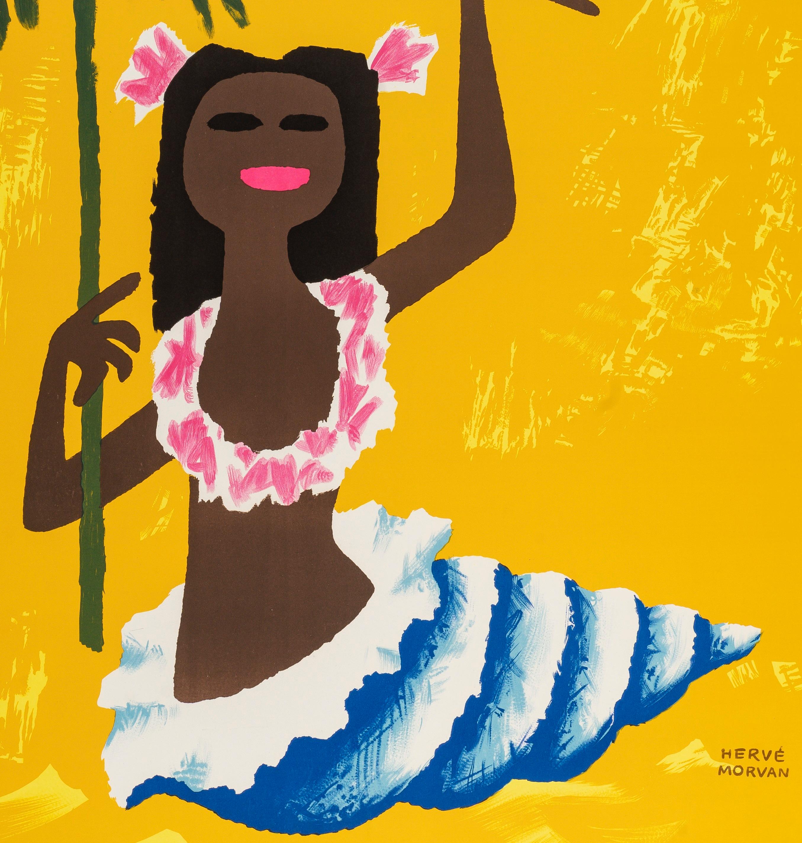 Morvan, Cartel de Viaje Original, TAI Pacífico Sur, Tahití, Árbol Plam, Concha 1955 Francés en venta