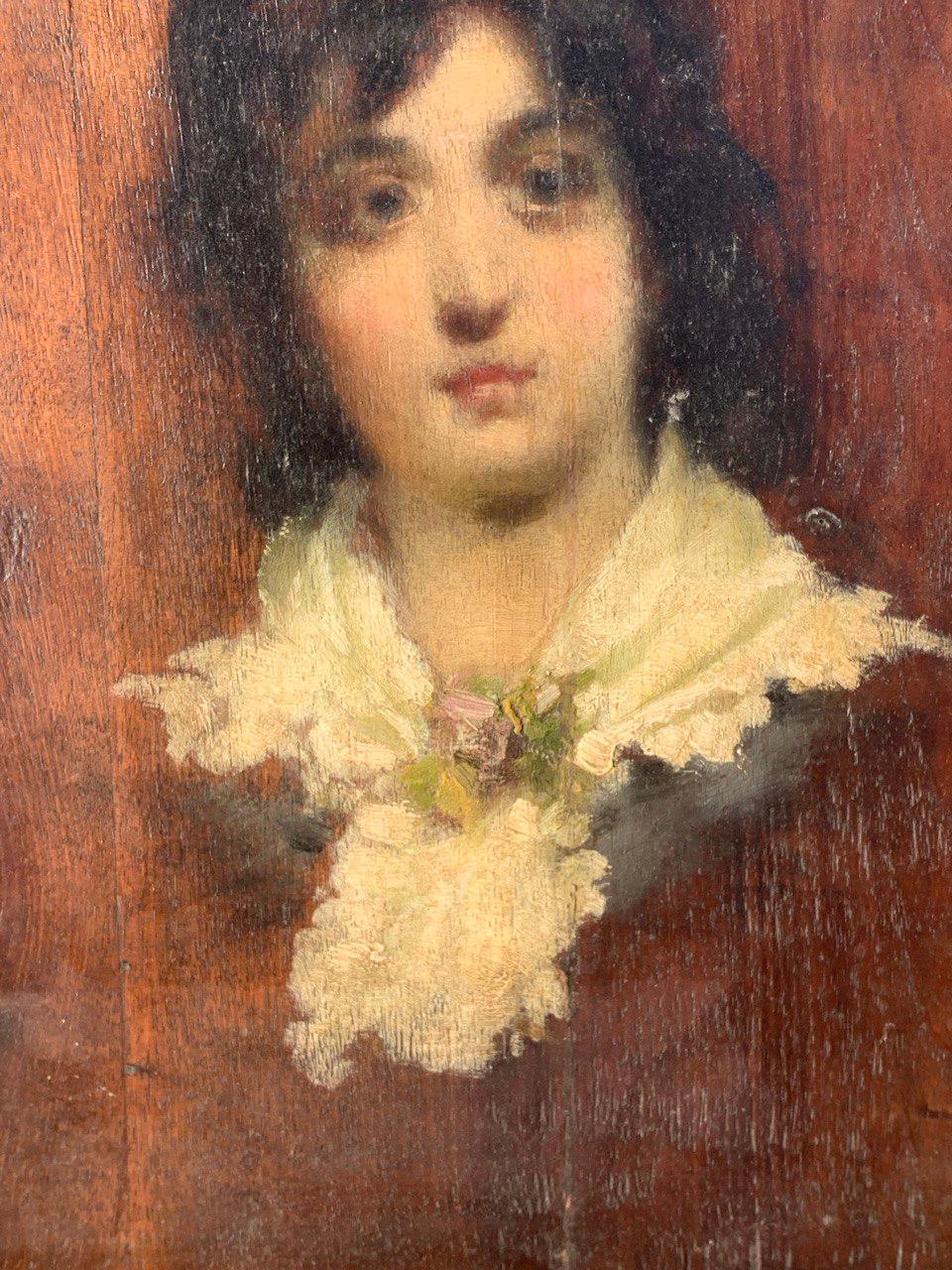 Mosè Bianchi (pintor verista italiano) - Siglo XIX Retrato de niña - Portrait Painting Negro de Mosé Bianchi