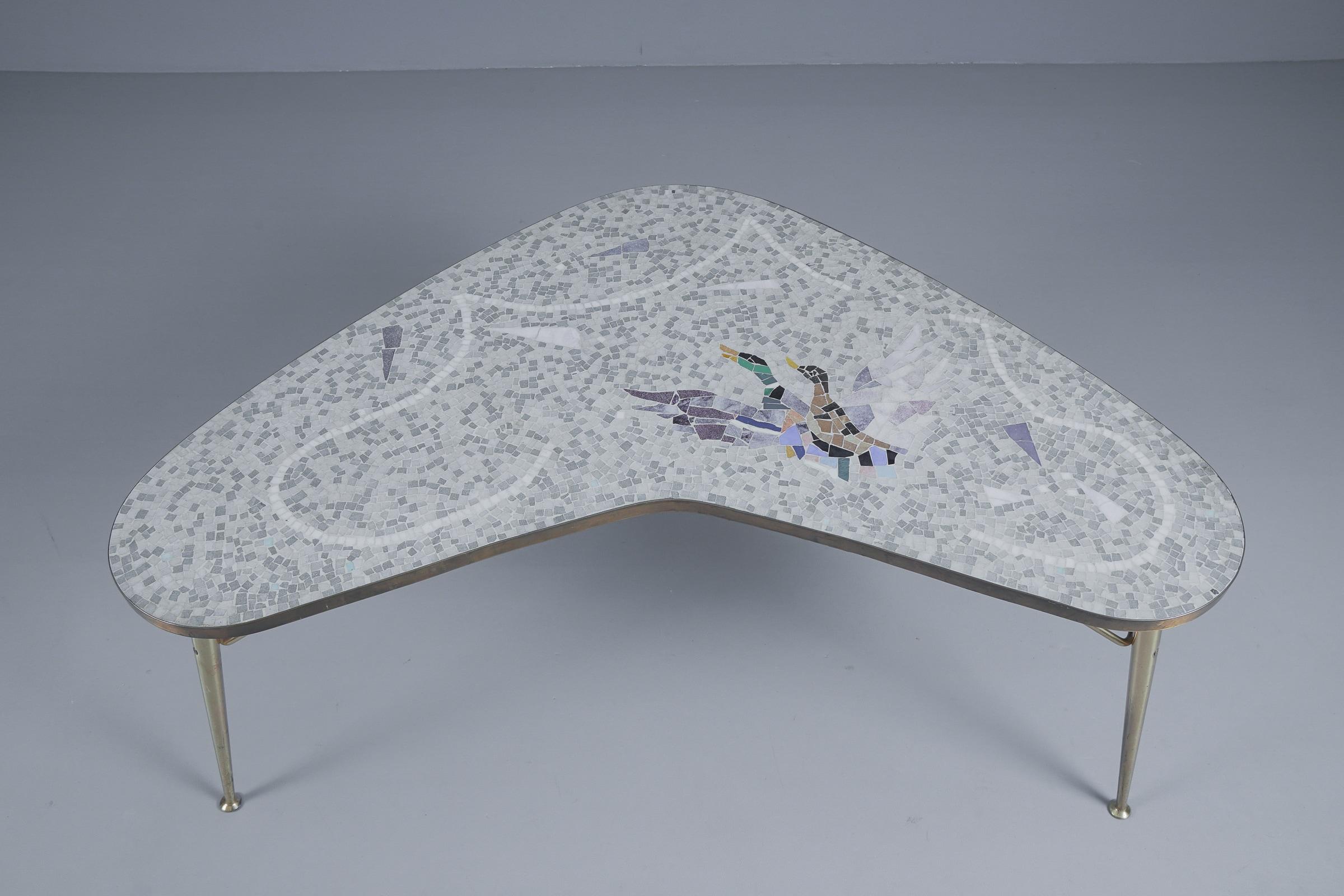 German Mosaic and Brass Boomerang Coffee Table by Berthold Müller-oerlinghausen For Sale