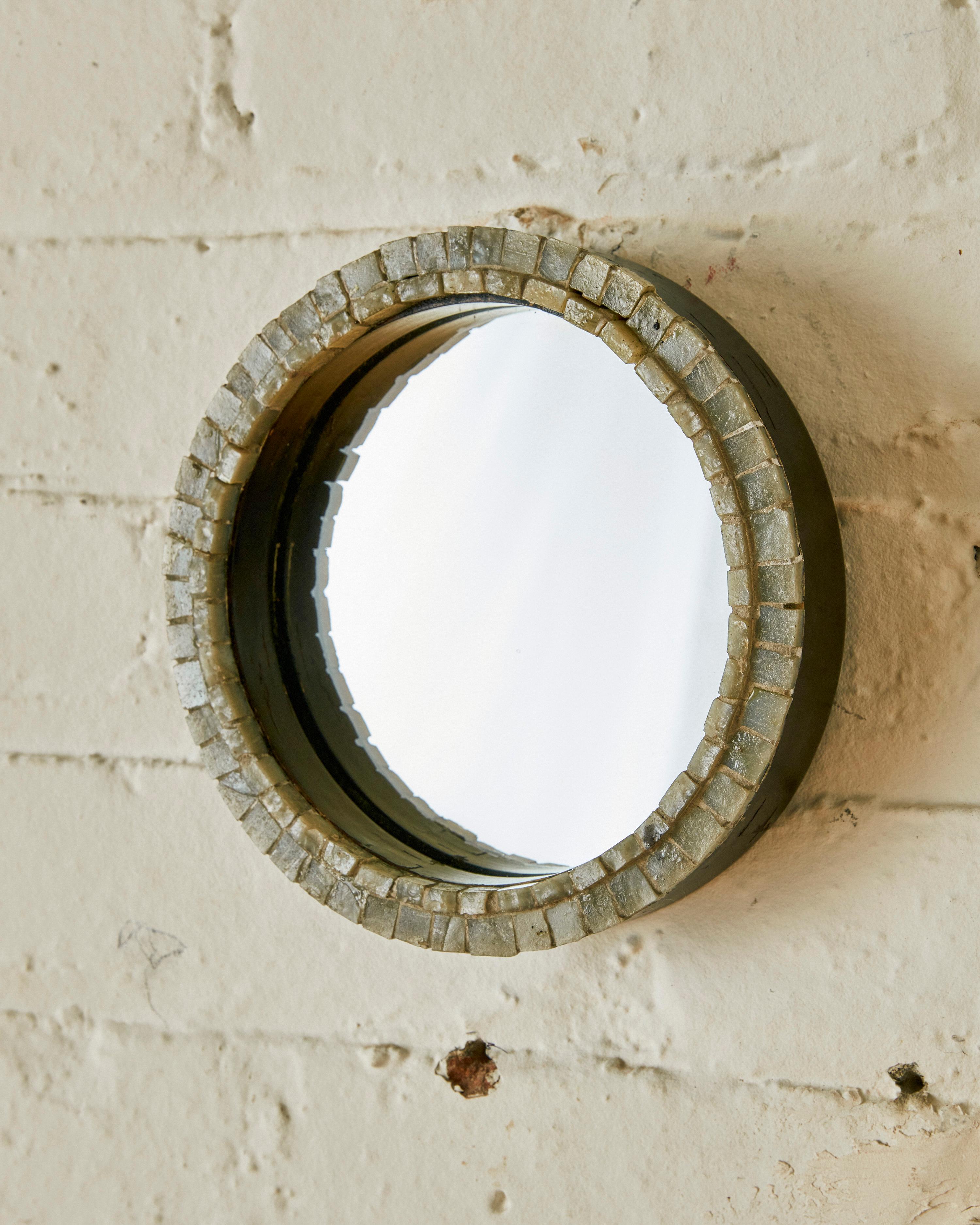 Mid-Century Modern Mosaic and Wood Rounded Mirror