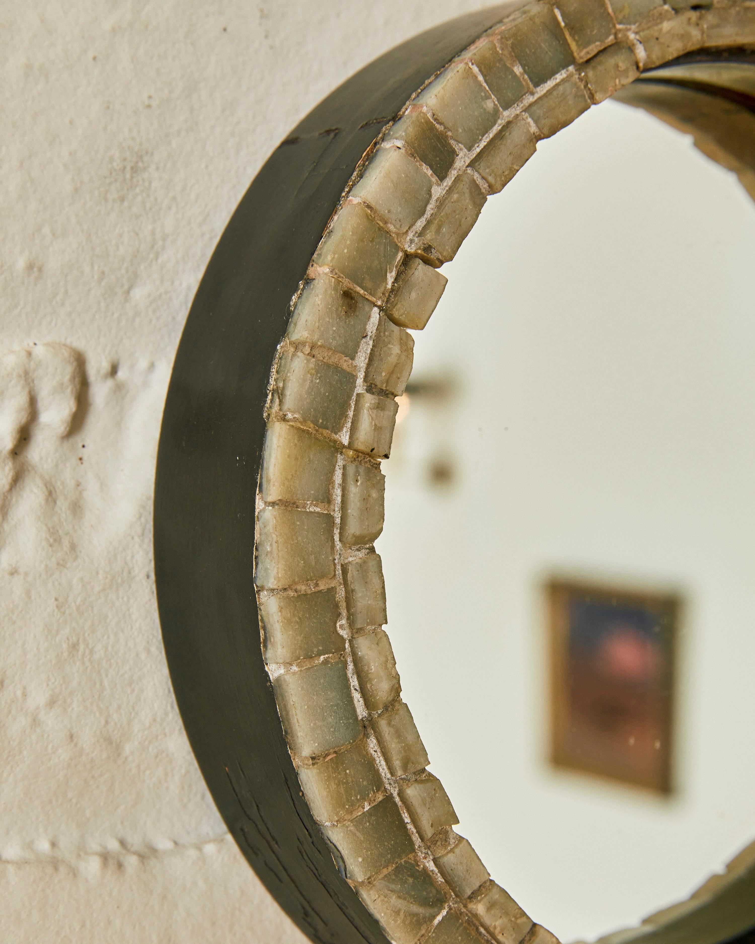 Ceramic Mosaic and Wood Rounded Mirror