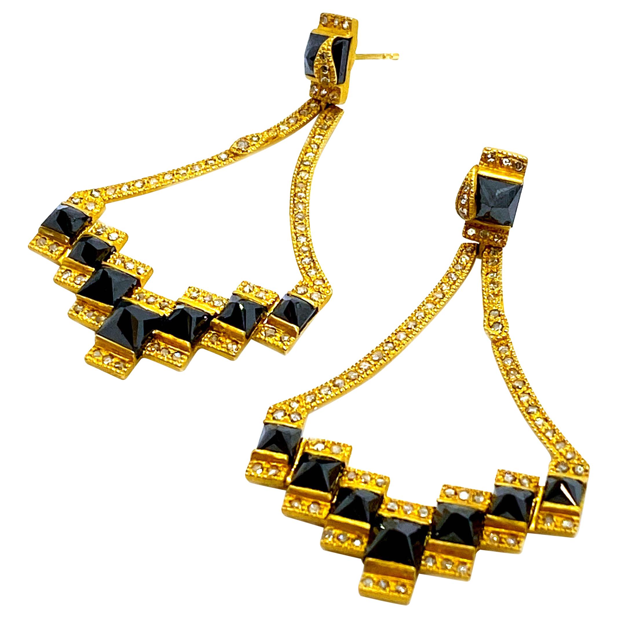 Mosaic Art Deco Style 20 Karat Yellow Gold Black Diamonds Coomi Drop Earrings