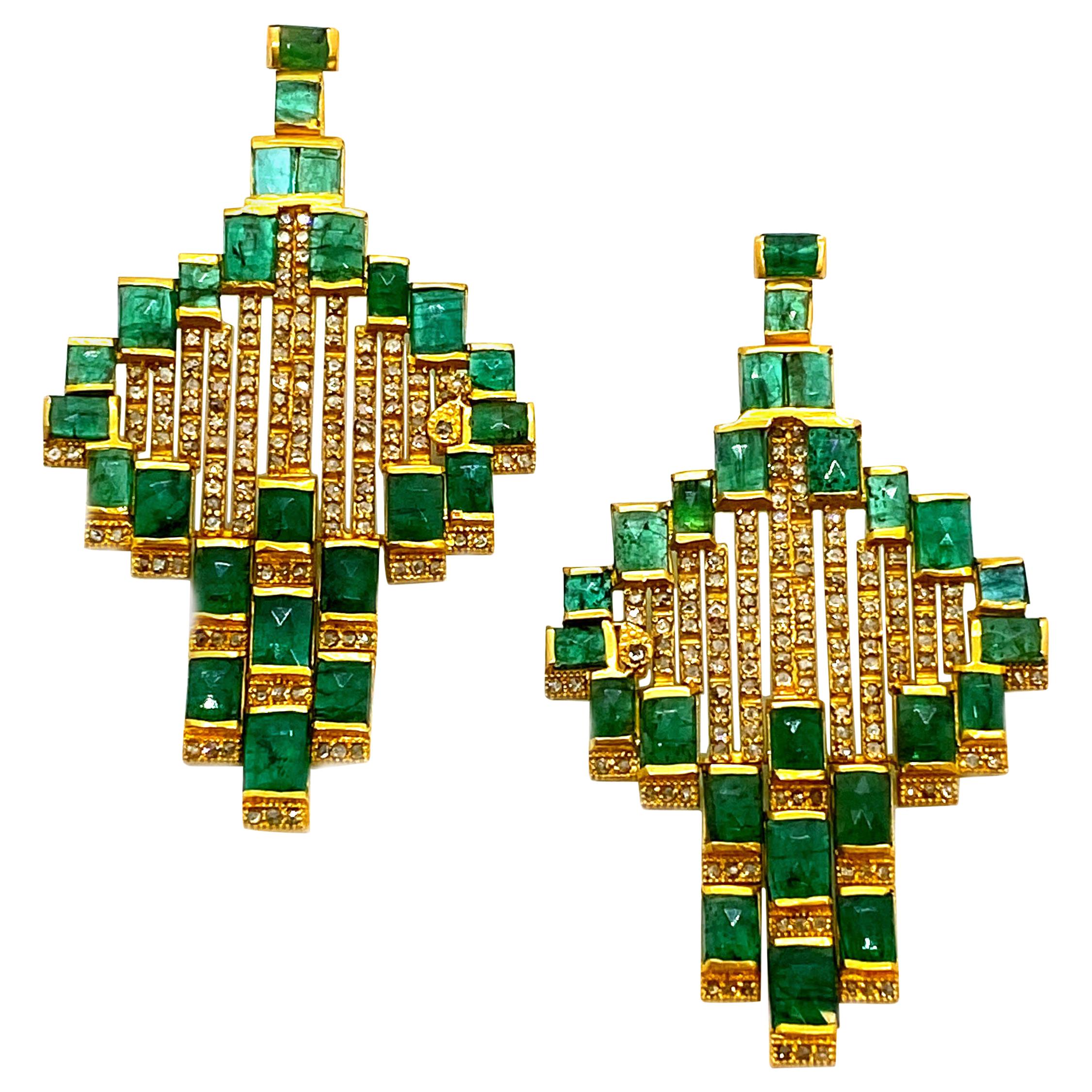 Mosaic Art Deco Style 20 Karat Yellow Gold Coomi Emerald Earrings For Sale