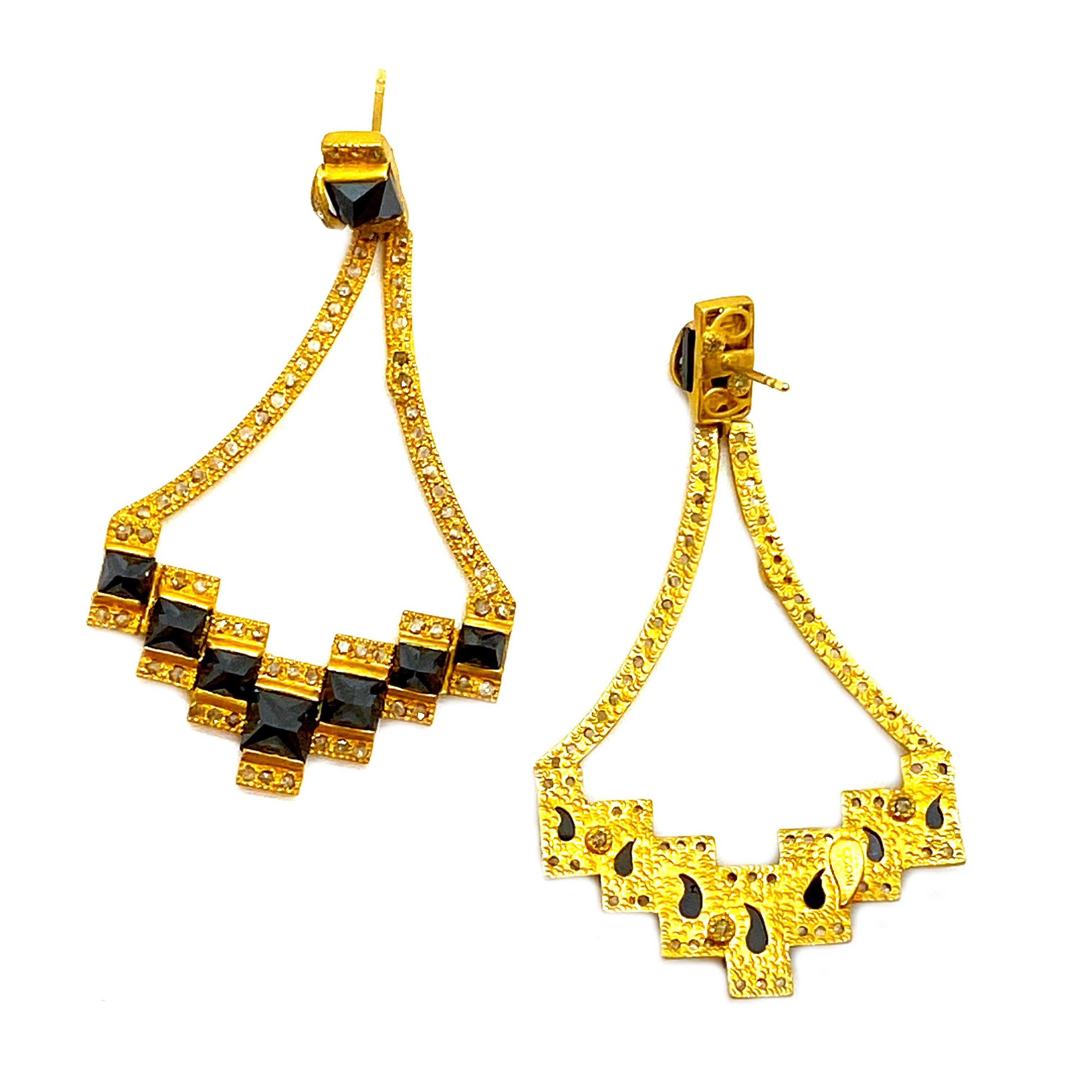 Rose Cut Mosaic Art Deco Style 20 Karat Yellow Gold Black Diamonds Coomi Drop Earrings For Sale