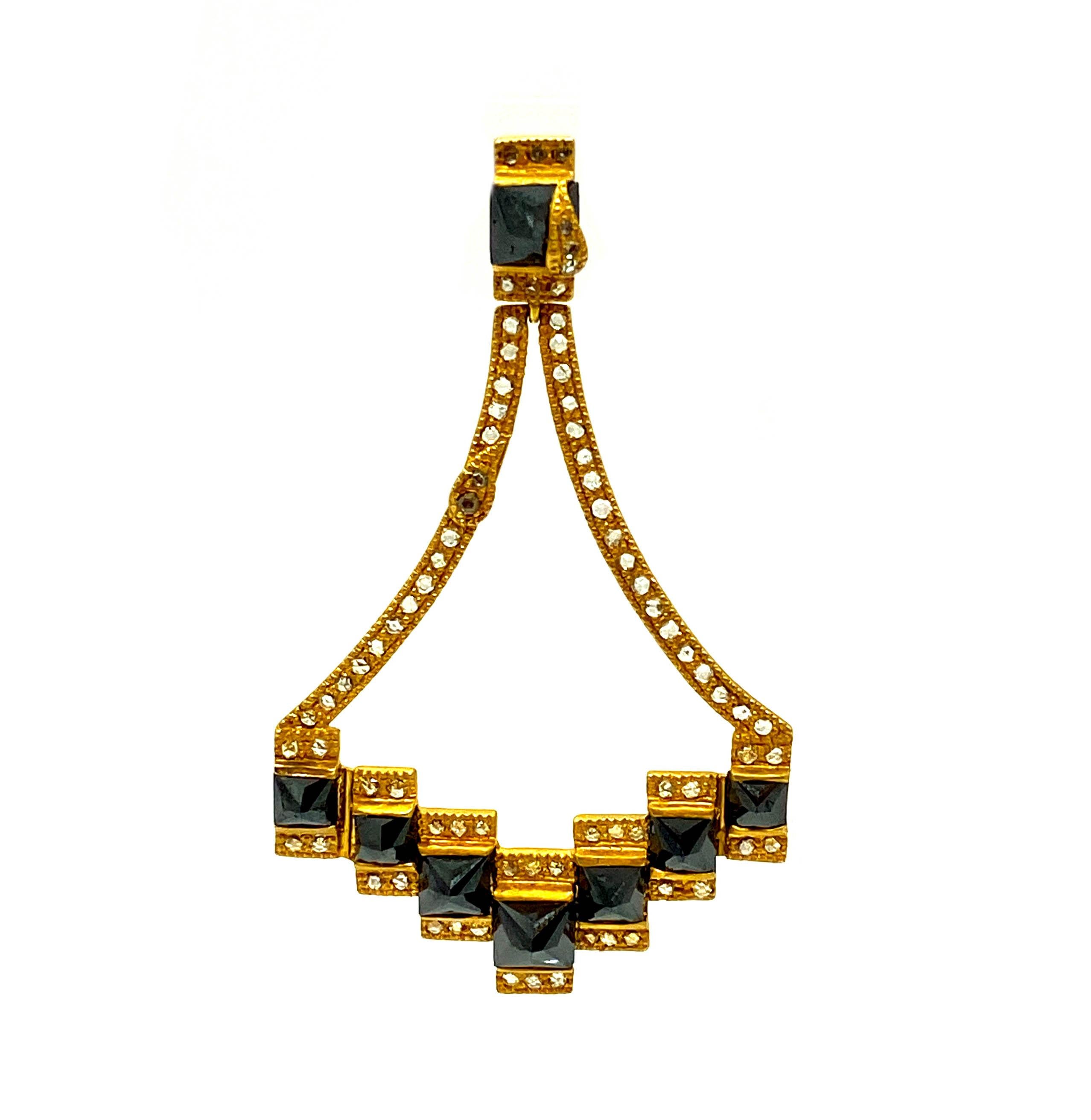 Mosaic Art Deco Style 20 Karat Yellow Gold Black Diamonds Coomi Drop Earrings In New Condition For Sale In Secaucus, NJ