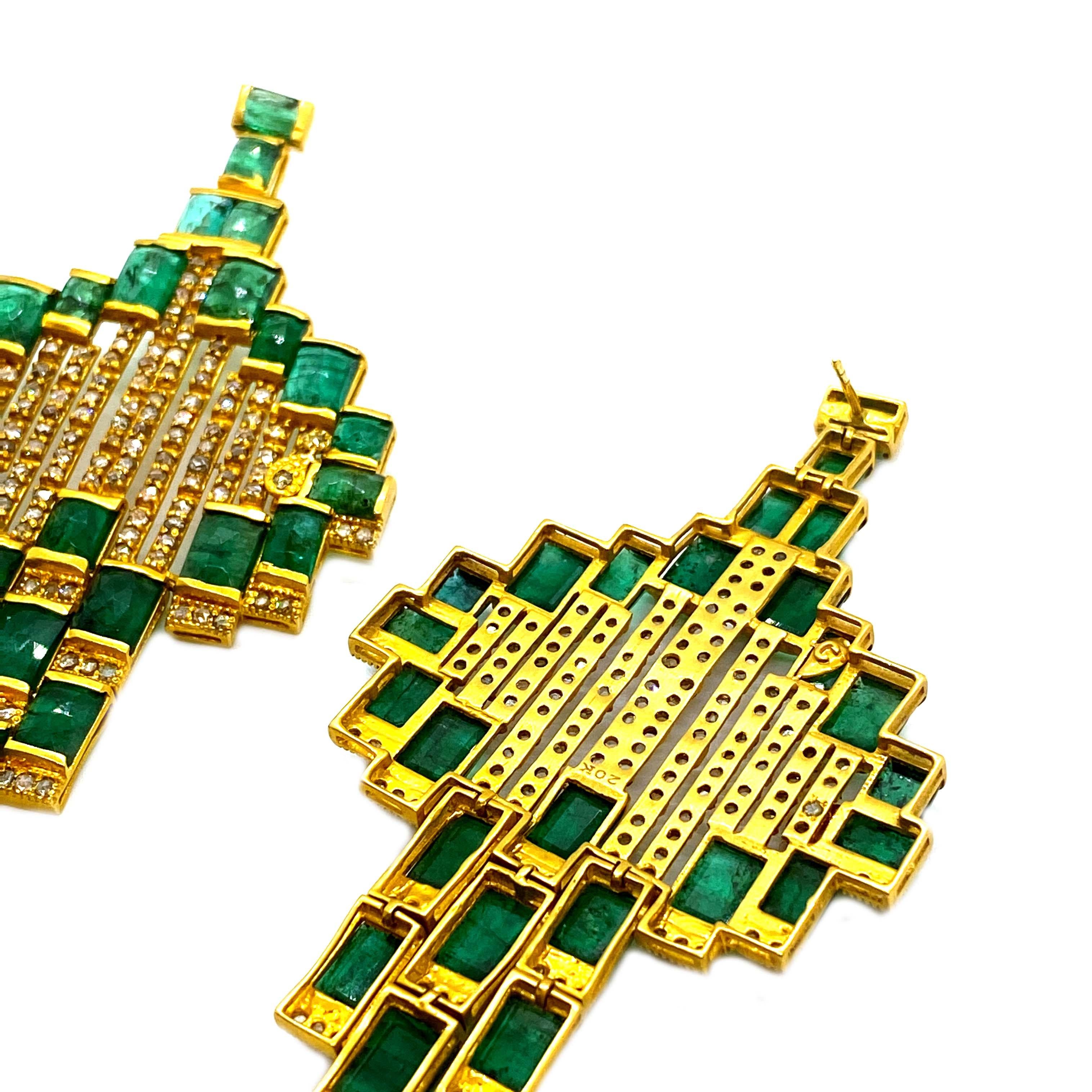Square Cut Mosaic Art Deco Style 20 Karat Yellow Gold Coomi Emerald Earrings For Sale