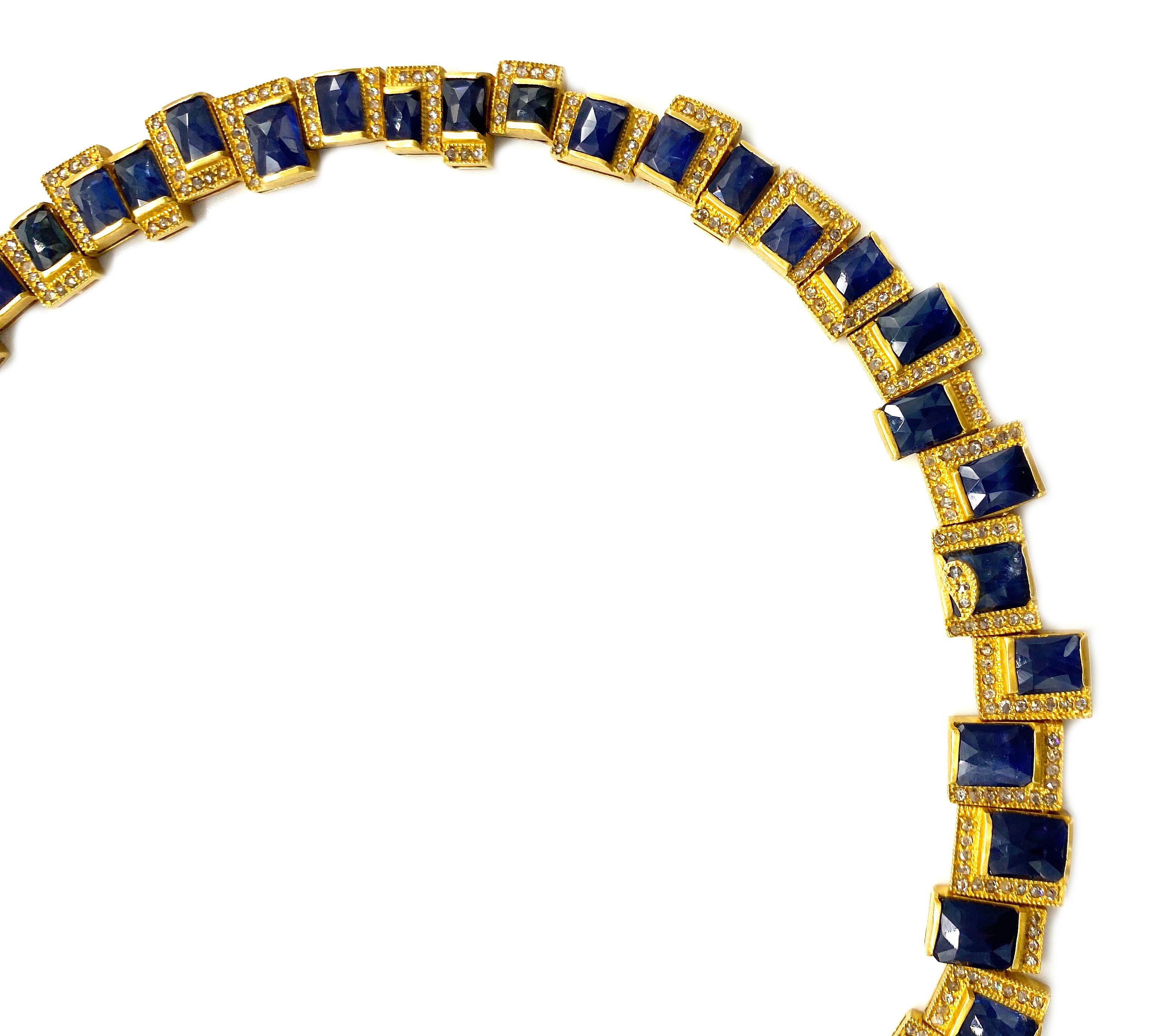 Square Cut Mosaic Art Deco Style 47.61 Carat Sapphire Statement Coomi Necklace For Sale