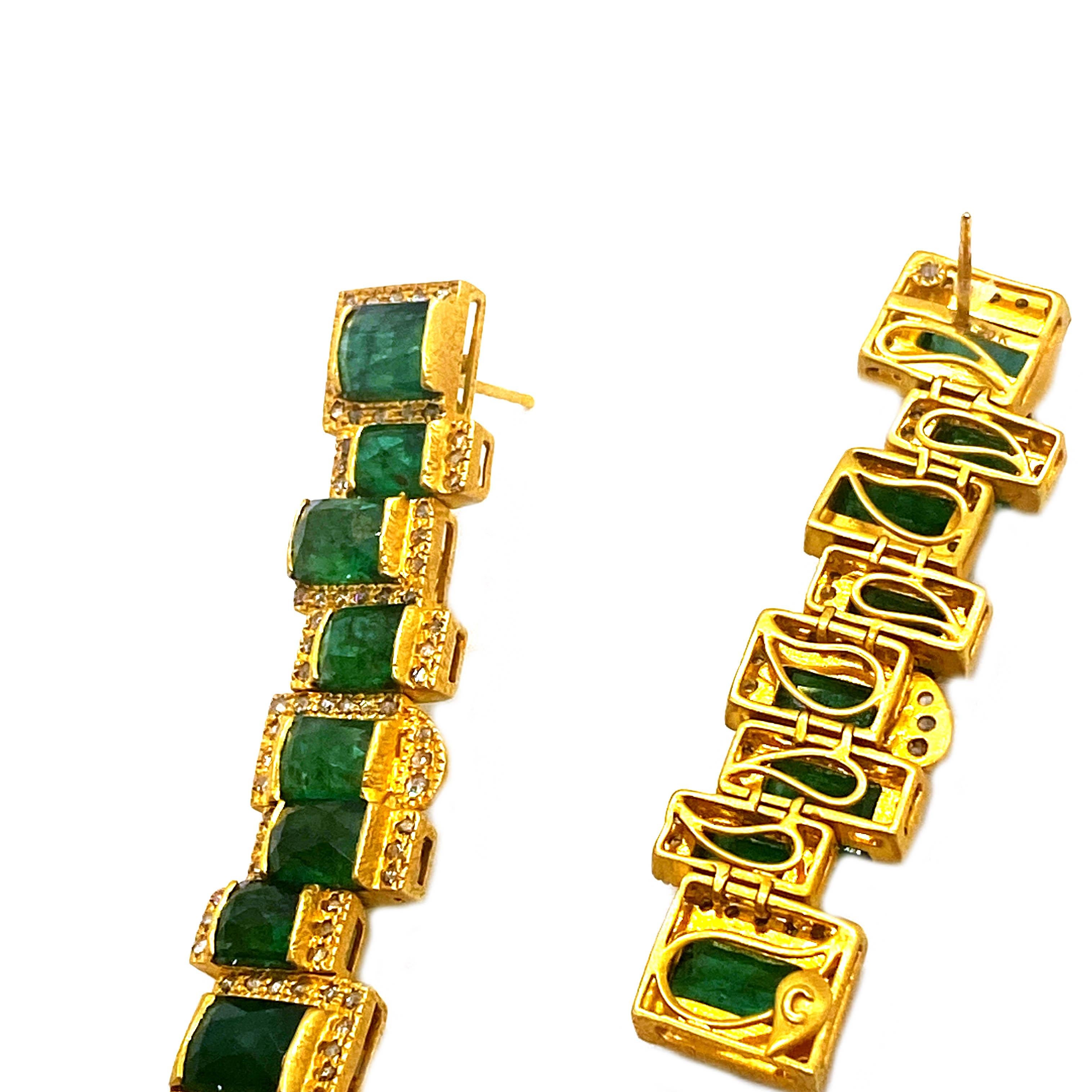 Spectacular Coomi Drop earrings crafted in 20K yellow gold showcasing Emerald weighing approximately 15.86cts and brilliant-cut diamonds weighing approximately 1.40cts, inspired by Art Deco and Mosaic art from the Luminosity Collection of Coomi,