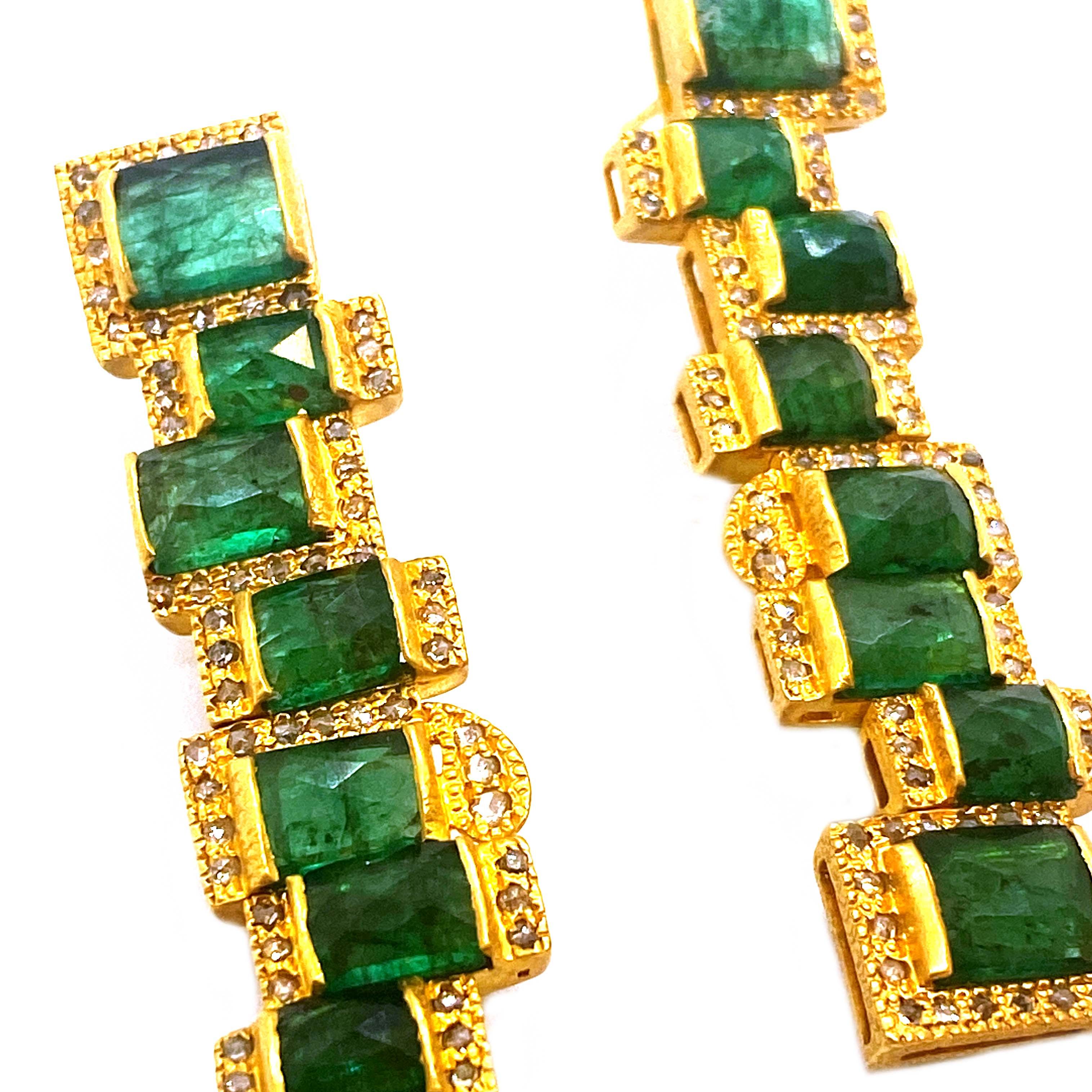 Emerald Cut Mosaic Art Deco Style Emerald 20 Karat Yellow Gold Coomi Earrings For Sale
