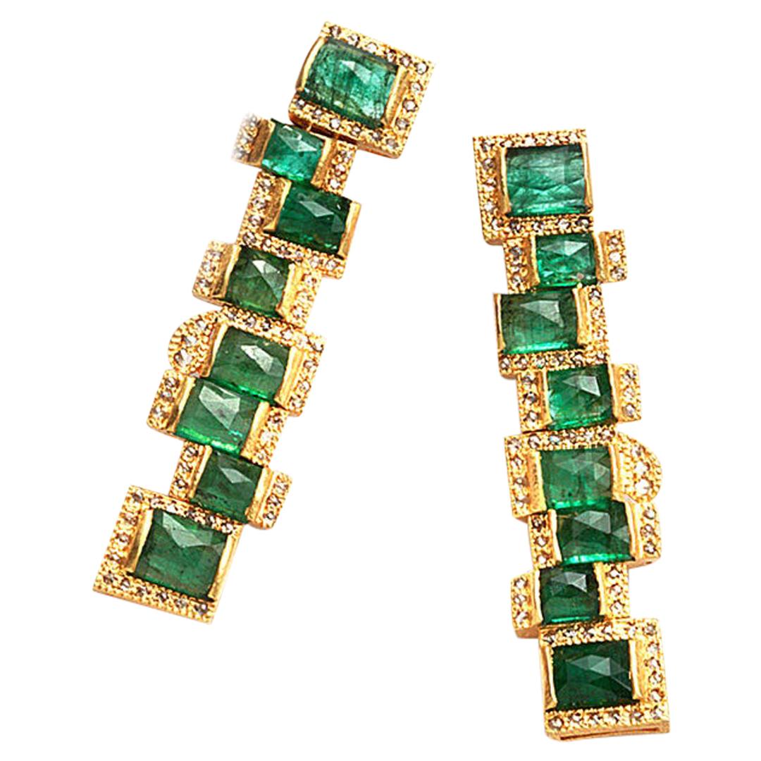 Mosaic Art Deco Style Emerald 20 Karat Yellow Gold Coomi Earrings For Sale