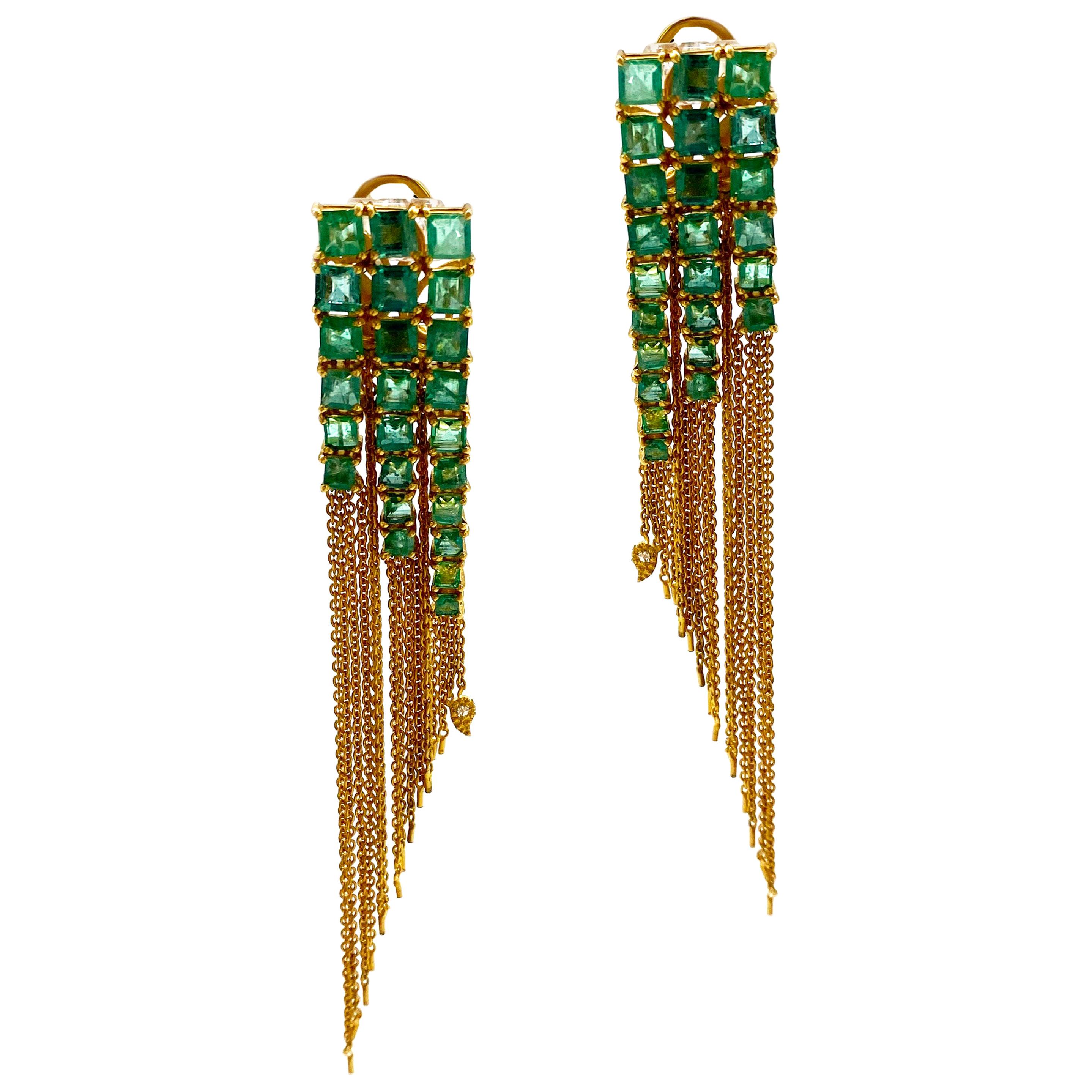 Mosaic Art Deco Style Tassel Drop 8.80 Carat Emerald Coomi Earrings