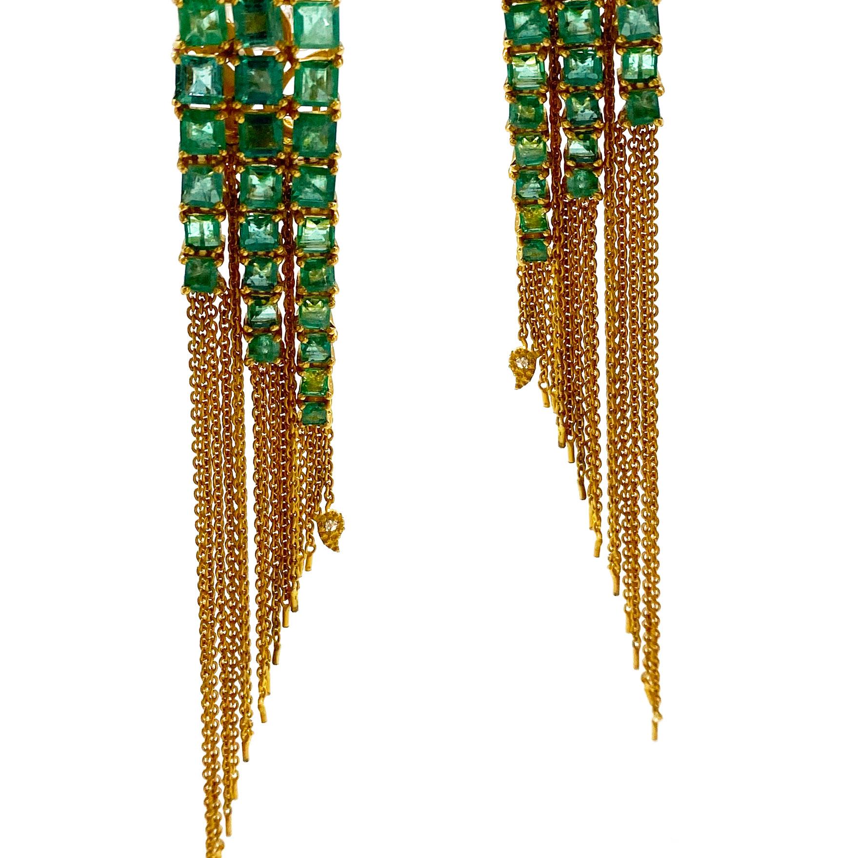 Statement Elegant Handmade Tassel earrings set in 20 Karat Yellow Gold with Emerald weighing approximately 8.80cts and Diamonds 0.80cts, and 20K Yellow Gold chains hanging from emerald. Inspired by Art Deco and Mosaic and brought to you from the