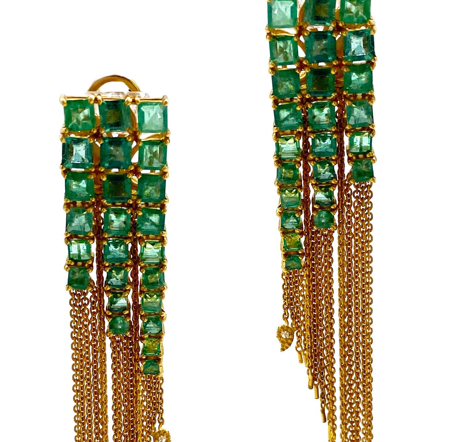 Square Cut Mosaic Art Deco Style Tassel Drop 8.80 Carat Emerald Coomi Earrings