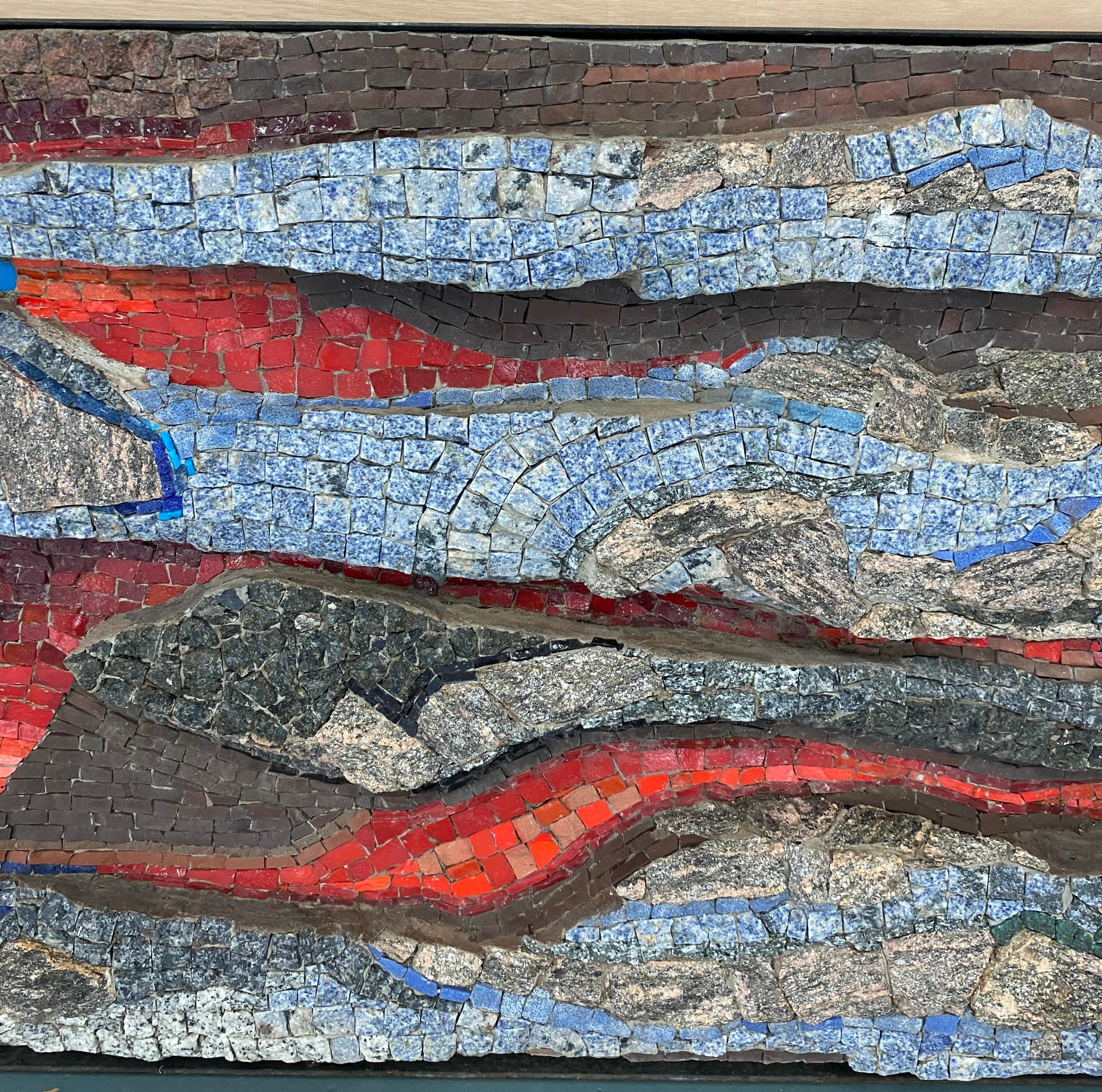 Mosaic panel made of handcut Venetian glass, ceramic and multiple types of granite on a special composite in a steel frame. The composite created by the artist, Heidi Melano is a combination of materials that allow the sculpture to be displayed
