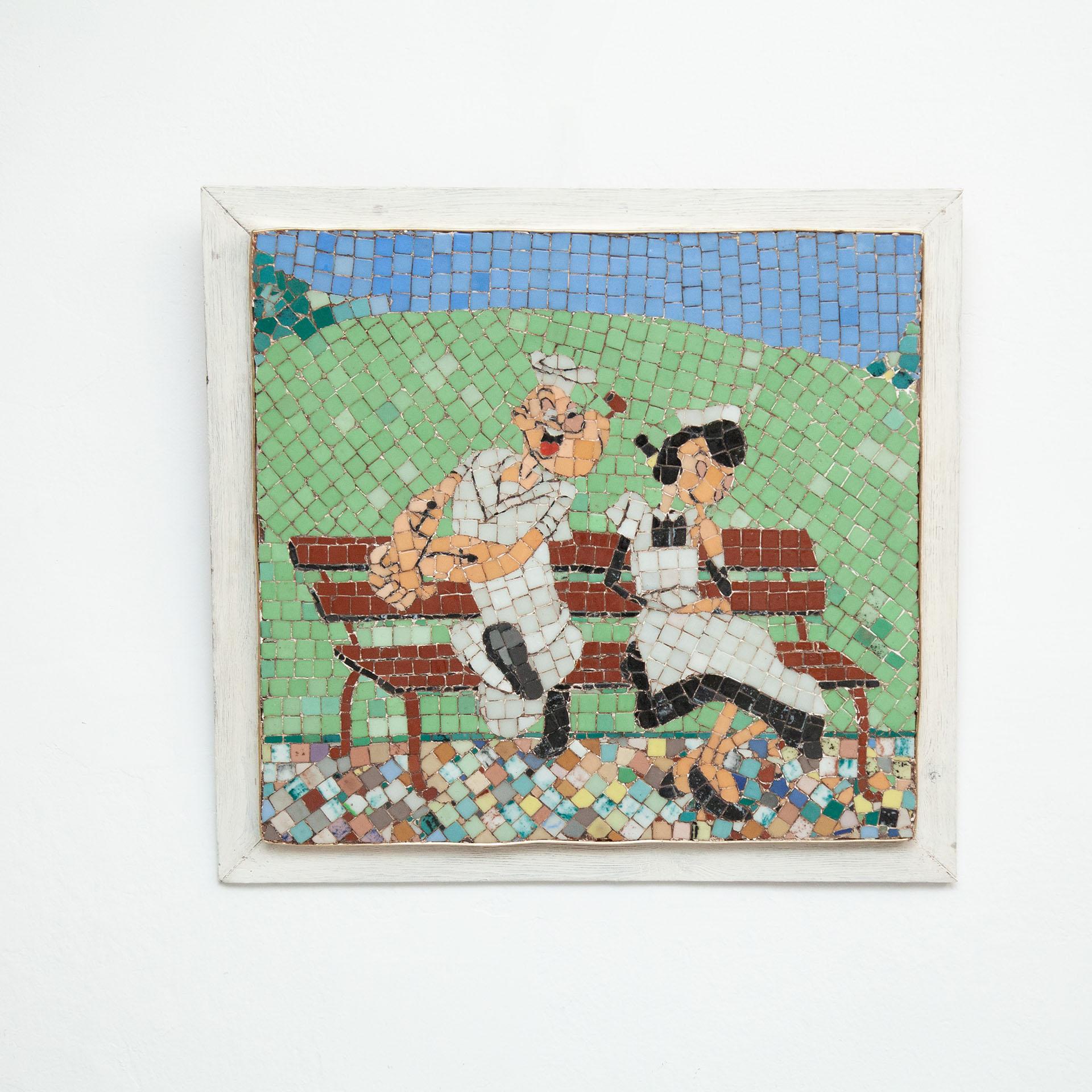 Mosaic Artwork Popeye and Olivia.
By unknown artist from France, circa 1970.

In original condition, with minor wear consistent with age and use, preserving a beautiful patina.

Material:
Creamic
Wood

Dimensions:
D cm x W cm x H cm.