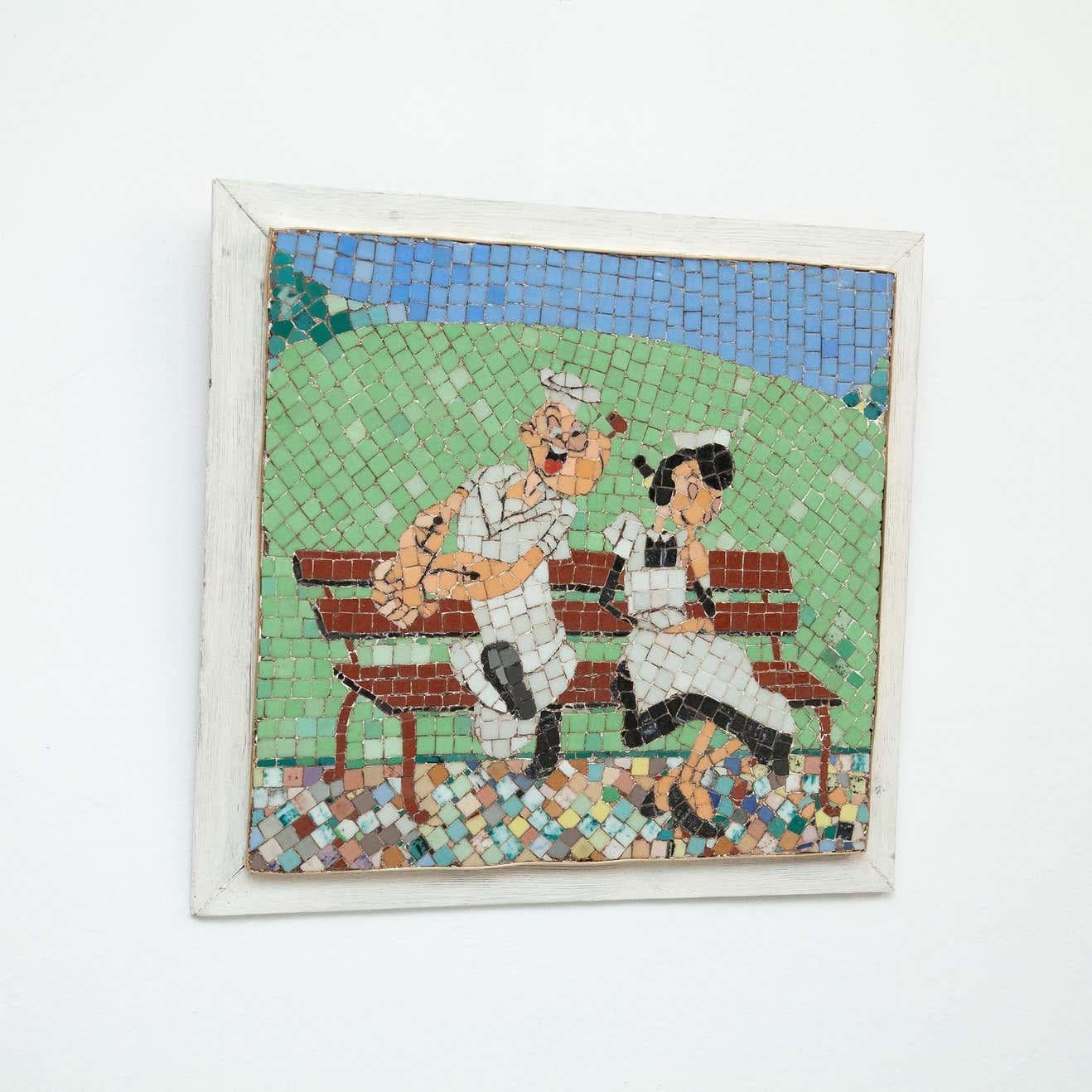 Mosaic Artwork Popeye and Olivia.
By unknown artist from France, circa 1970.

In original condition, with minor wear consistent with age and use, preserving a beautiful patina.

Material:
Creamic
Wood

Dimensions:
D cm x W cm x H cm.