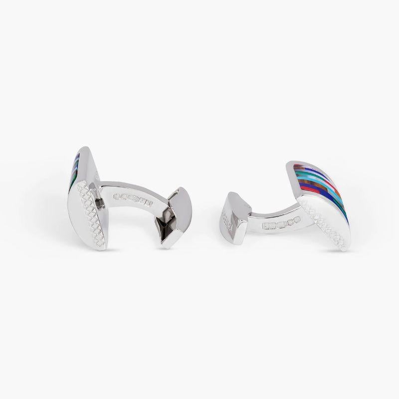 Mosaic Bamboo D-shape Cufflinks in Multicolour Tones

Slices of semi-precious stones have been expertly cut and inserted into a D-shape rhodium plated sterling silver case. The mosaic stone inlay is perfectly flush, and the colour combinations