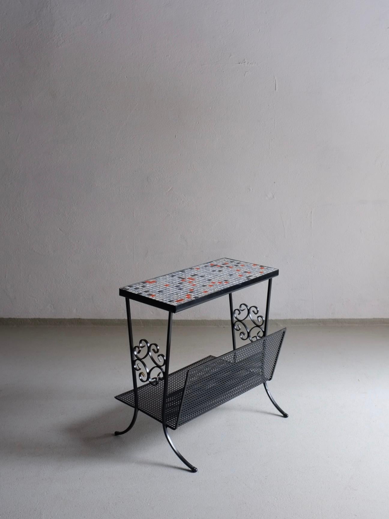 French Mosaic Black Metal Side Table Magazine Holder, France 1950s For Sale