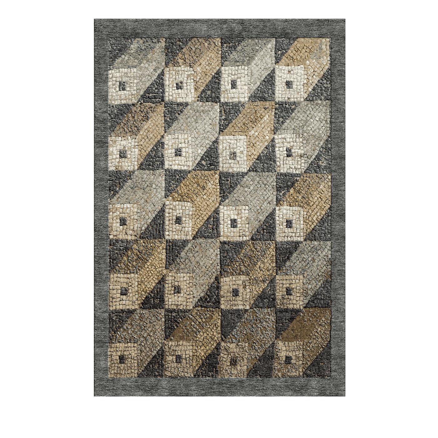 Evoking the textured and rustic character of Ancient Roman tile mosaics, this remarkable rug was masterfully fashioned of wool and bamboo by Tibetan rug-makers specialized in hand-knotting. Elongated, three-dimensional stone blocks are colored in