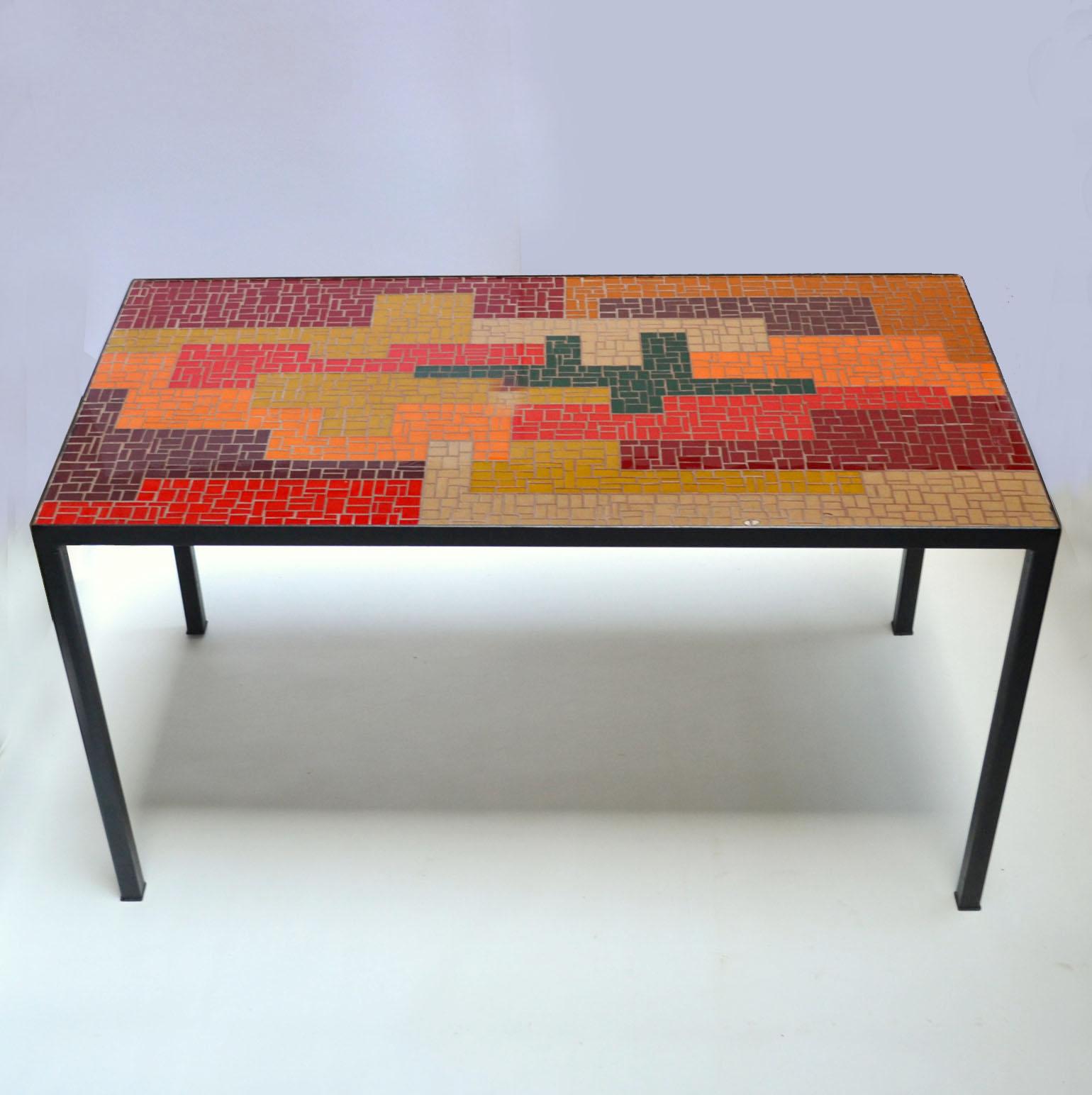 Mid-Century Modern Mosaic Coffee Table with Abstract Pattern in Black, Red, Orange and Ochre For Sale