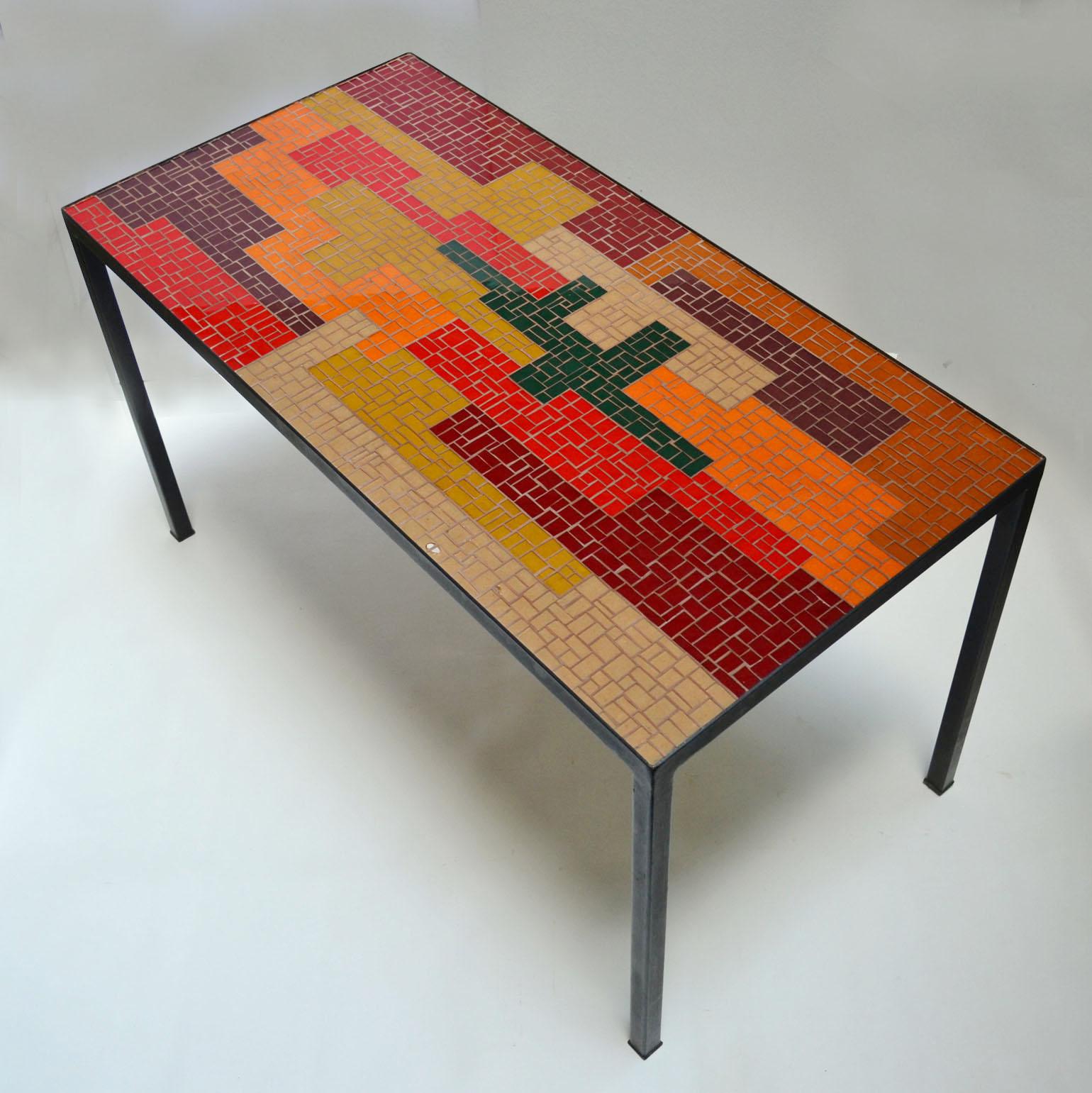 German Mosaic Coffee Table with Abstract Pattern in Black, Red, Orange and Ochre For Sale